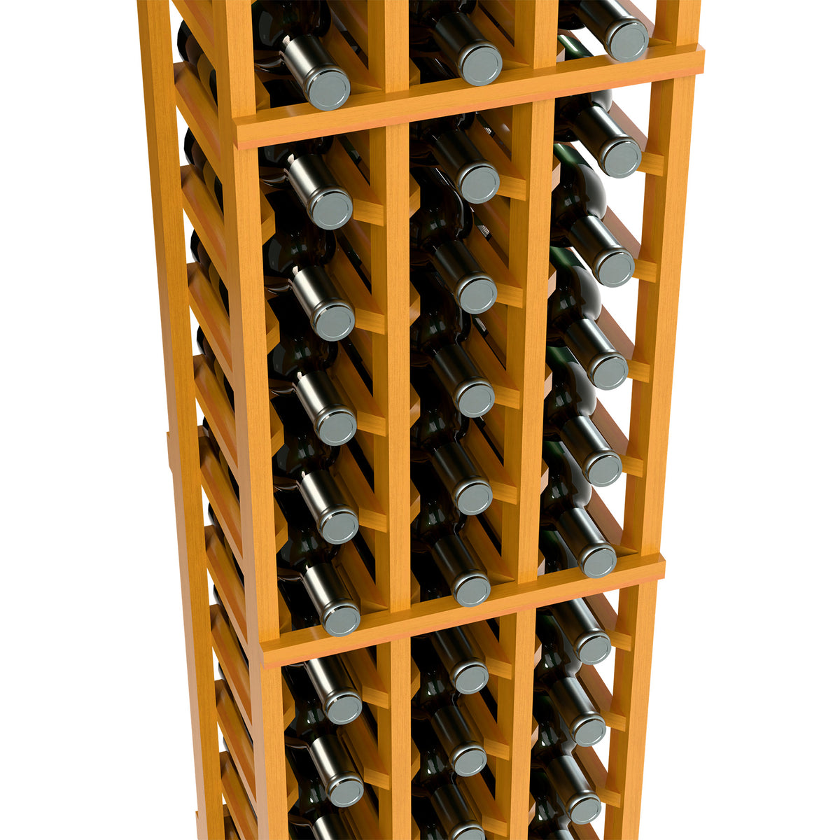 3-column wine bottle rack, 6ft, close-up of light wood frame and bottle compartments