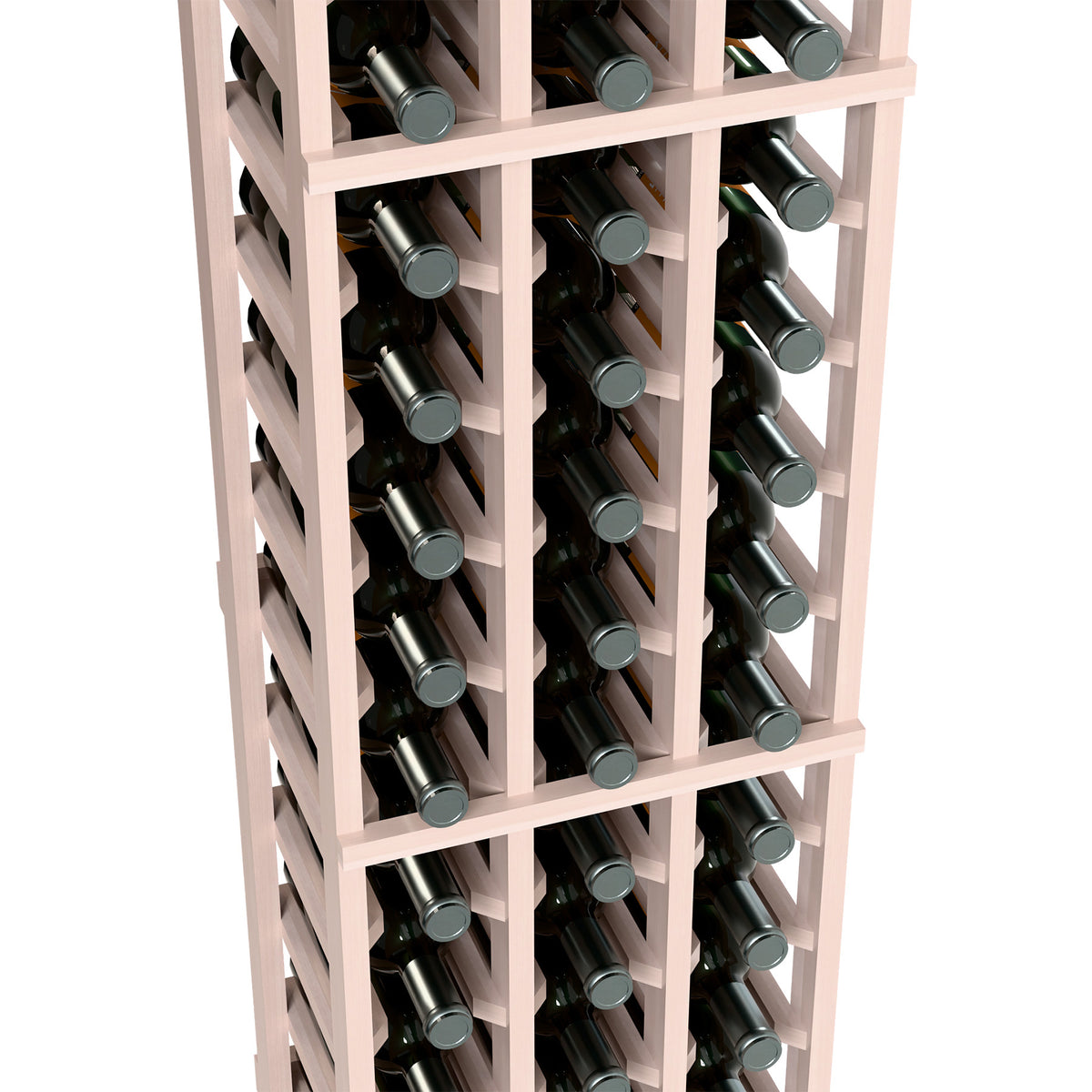 3-column wine bottle rack, 6ft, close-up of pale frame with wine bottle rows