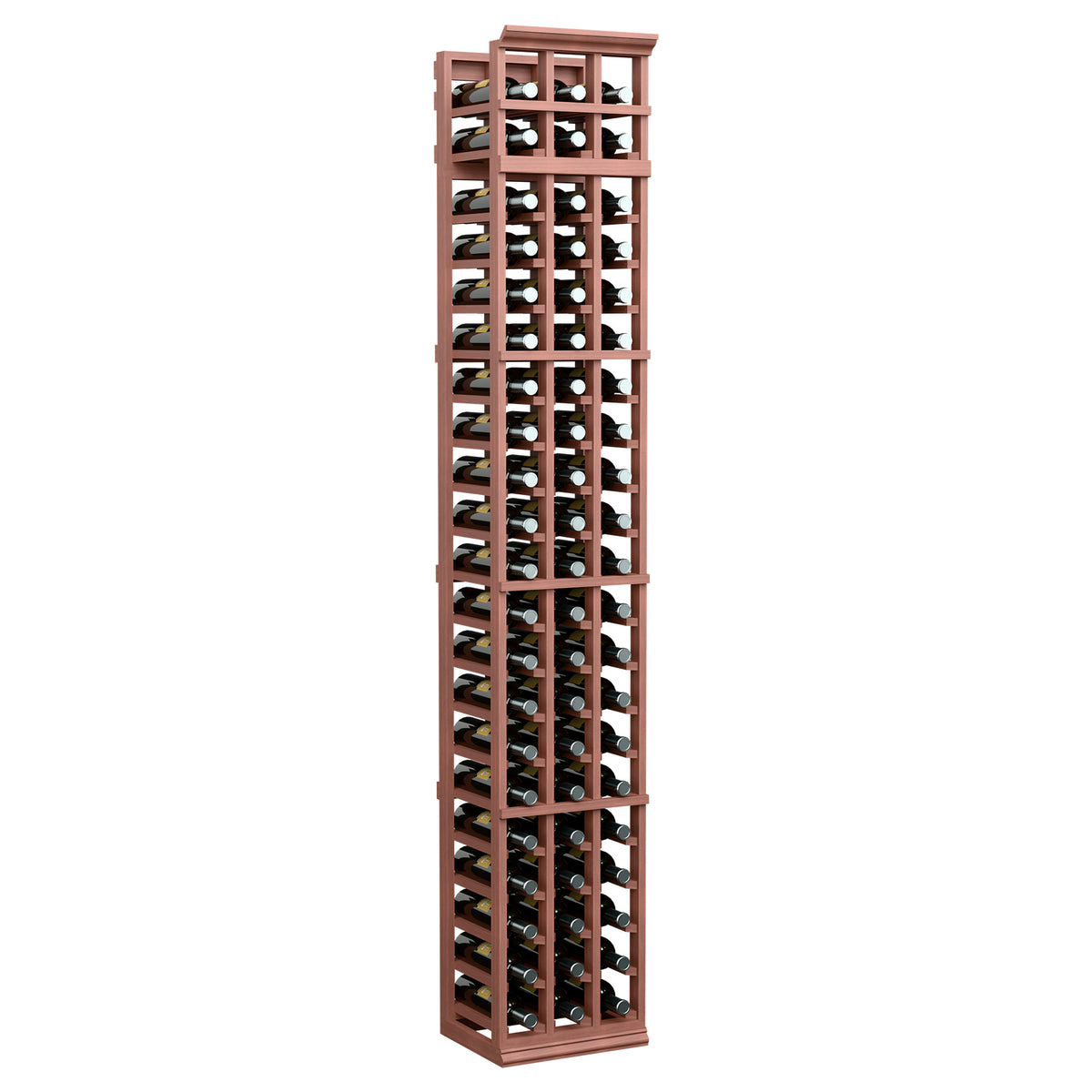 7 ft three-column wine bottle rack with warm reddish wood frame and front bottle slots