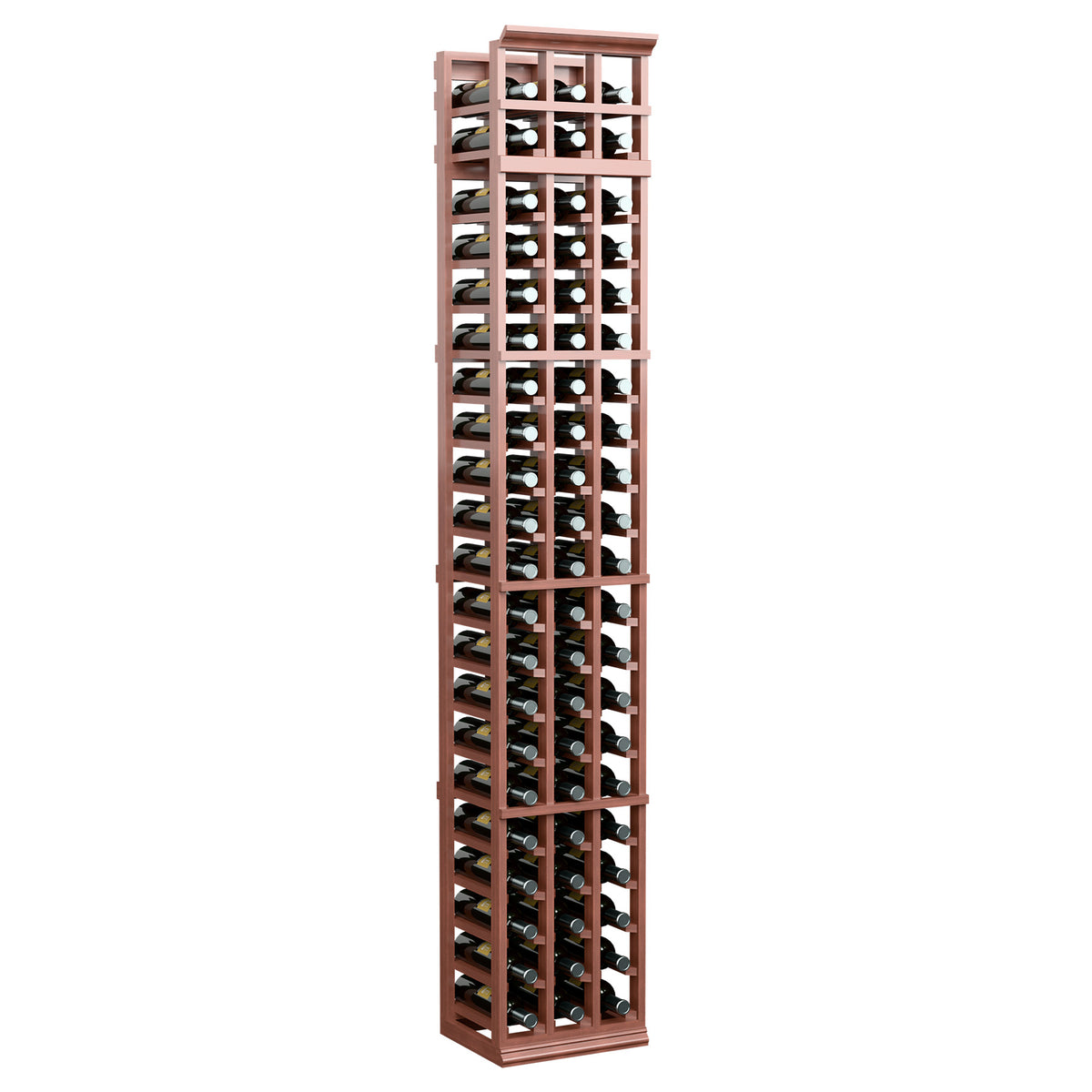 7 ft three-column wine bottle rack with deep reddish-brown wood frame and bottle storage rails