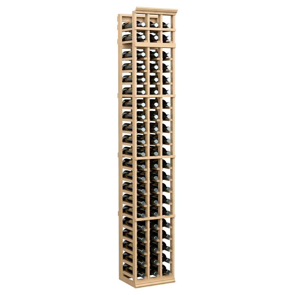 7 ft three-column wine bottle rack with light wood frame and front bottle slots