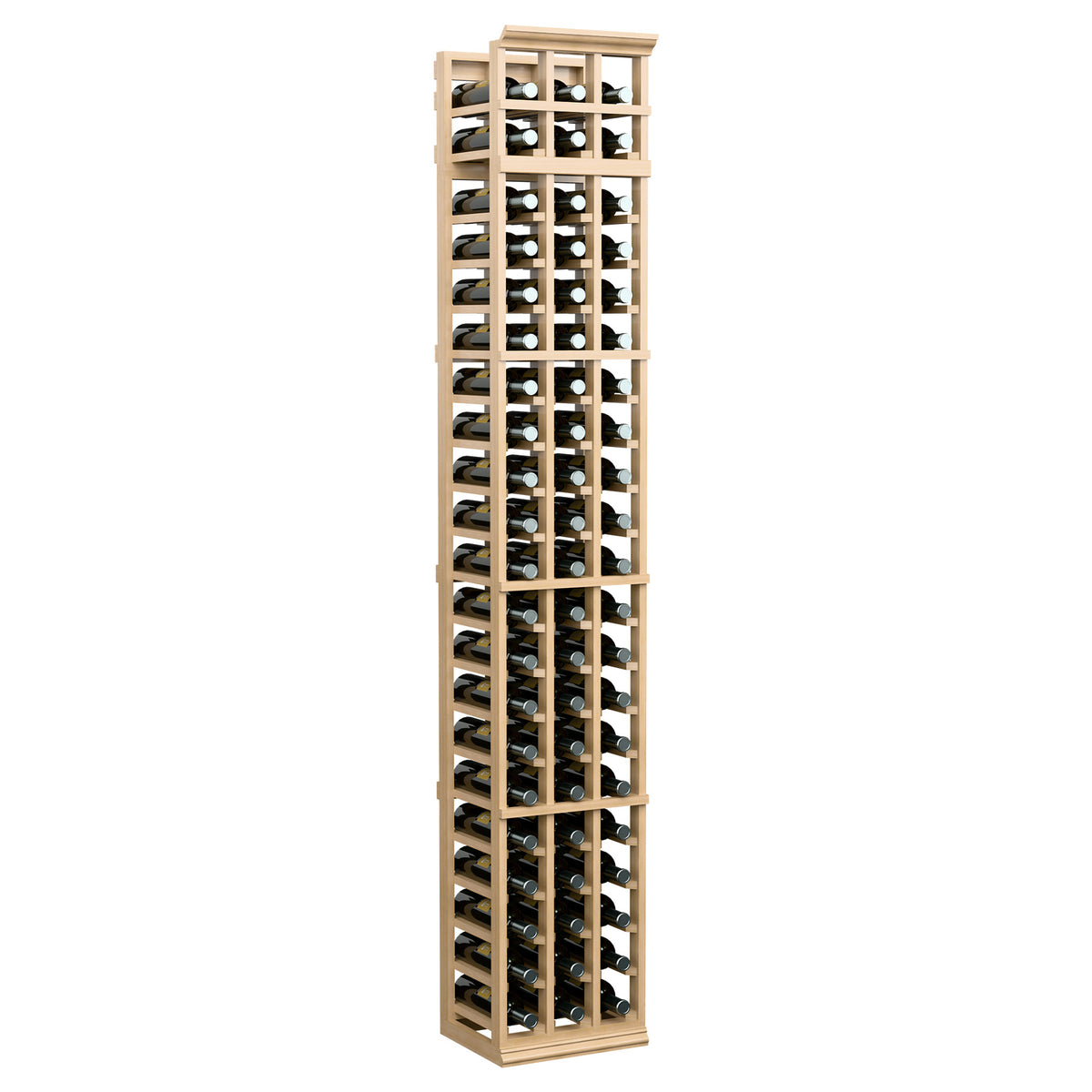 7 ft three-column wine bottle rack with pale natural wood frame and front bottle compartments