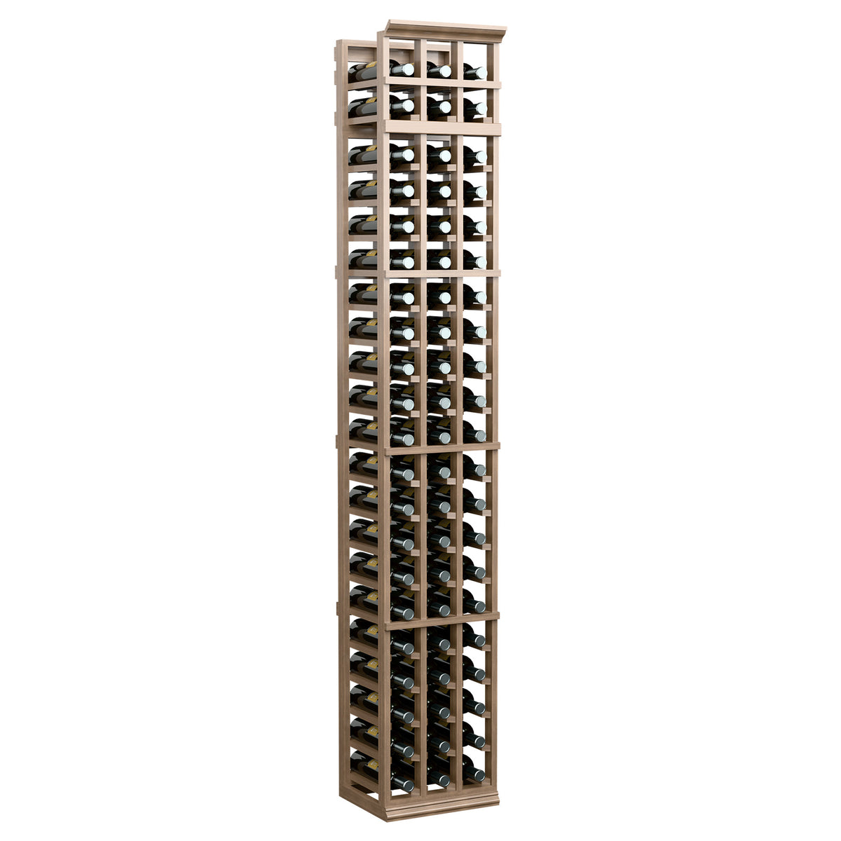 Dark wood 3-column wine bottle rack with open grid shelves and bottle slots
