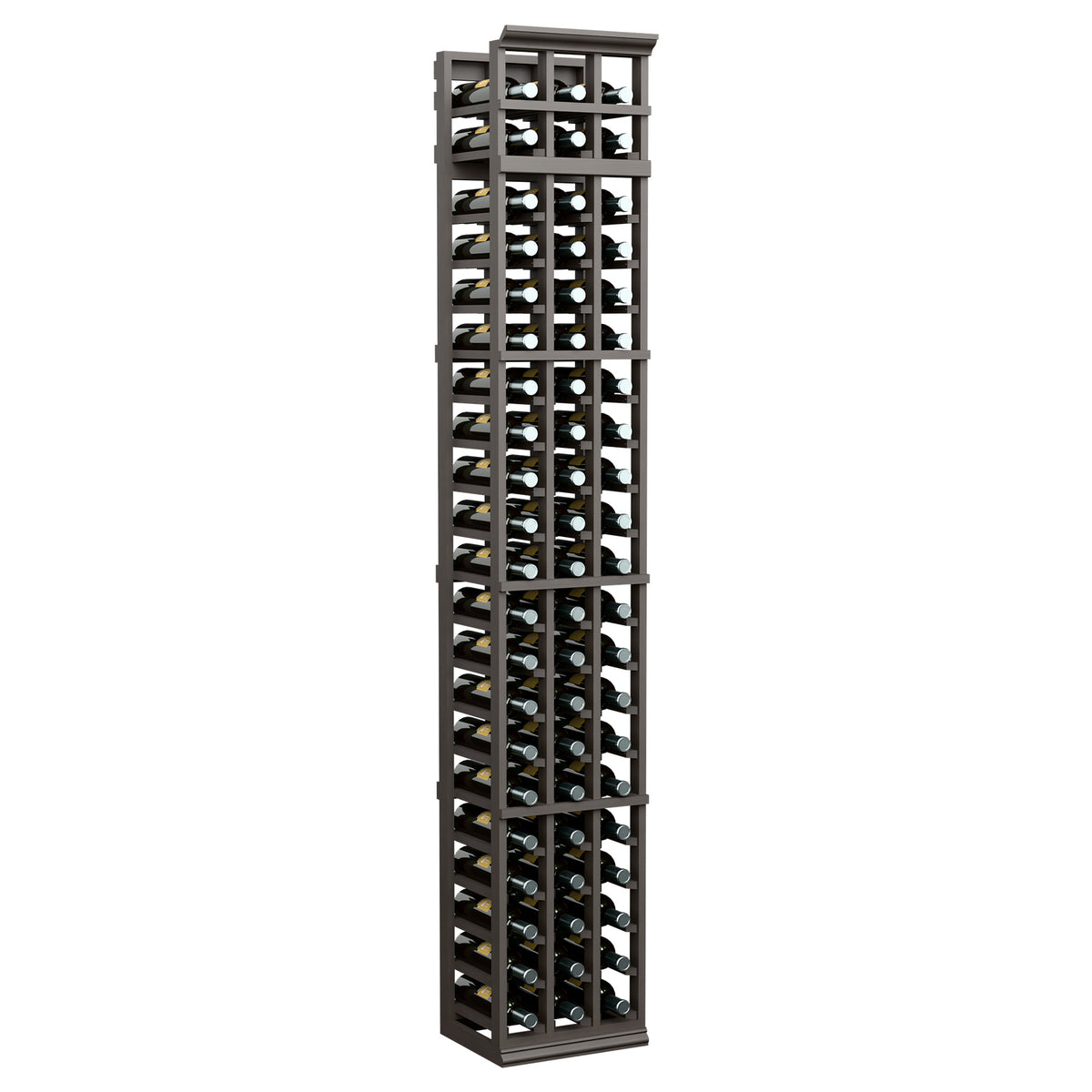 Black 3-column wine bottle rack with open grid shelves and rows of bottle slots