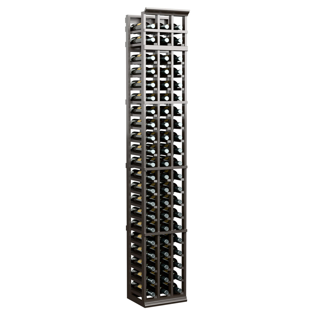 Gray-toned wood 3-column wine bottle rack with open grid shelves and bottle slots
