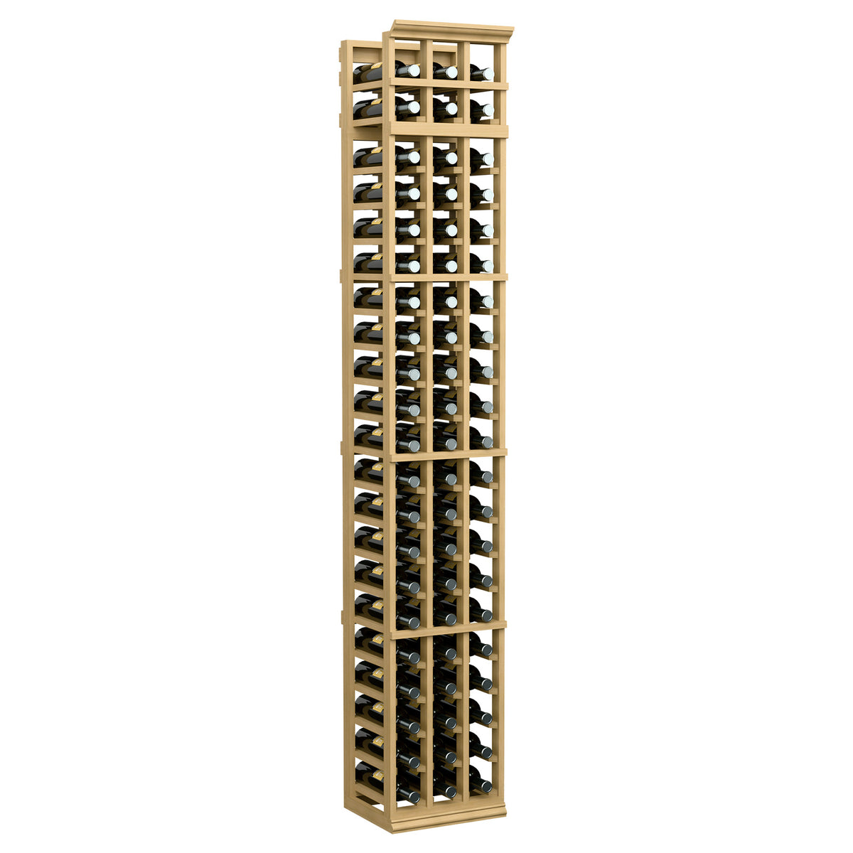 Natural wood 3-column wine bottle rack with open grid shelves and bottle slots