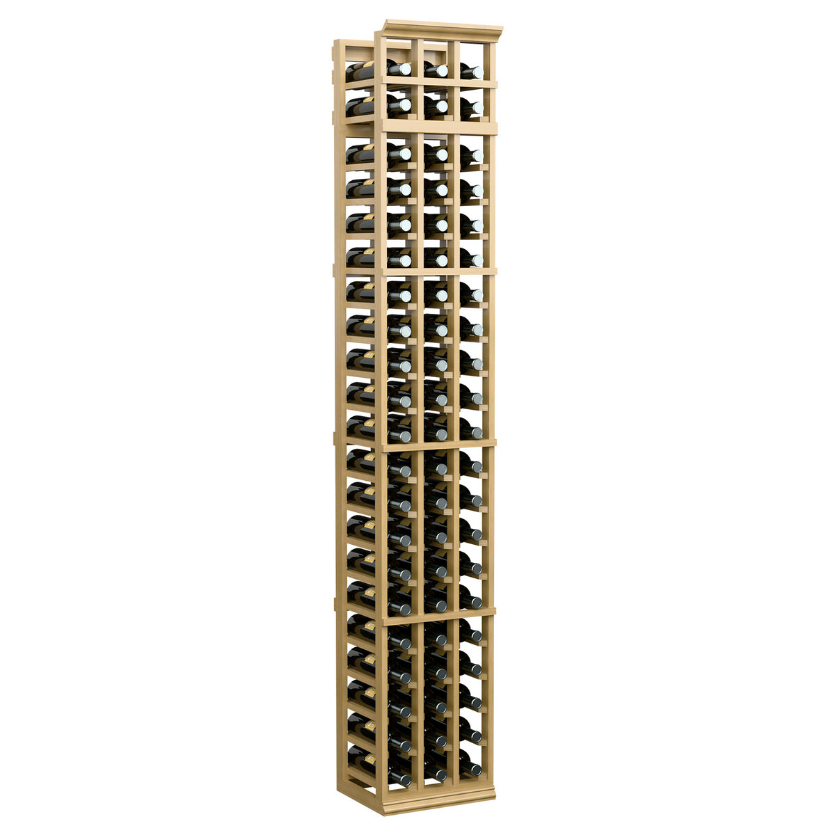 Beige wood 3-column wine bottle rack with open grid shelves and bottle slots