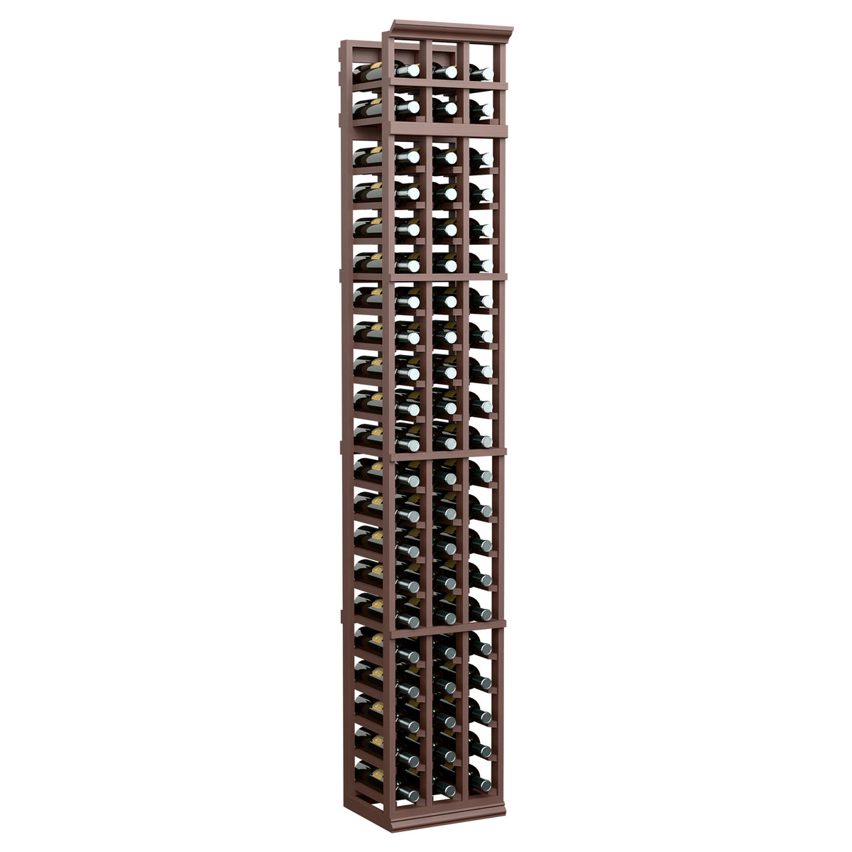Medium walnut-style 3-column wine bottle rack with open grid shelves and bottle slots