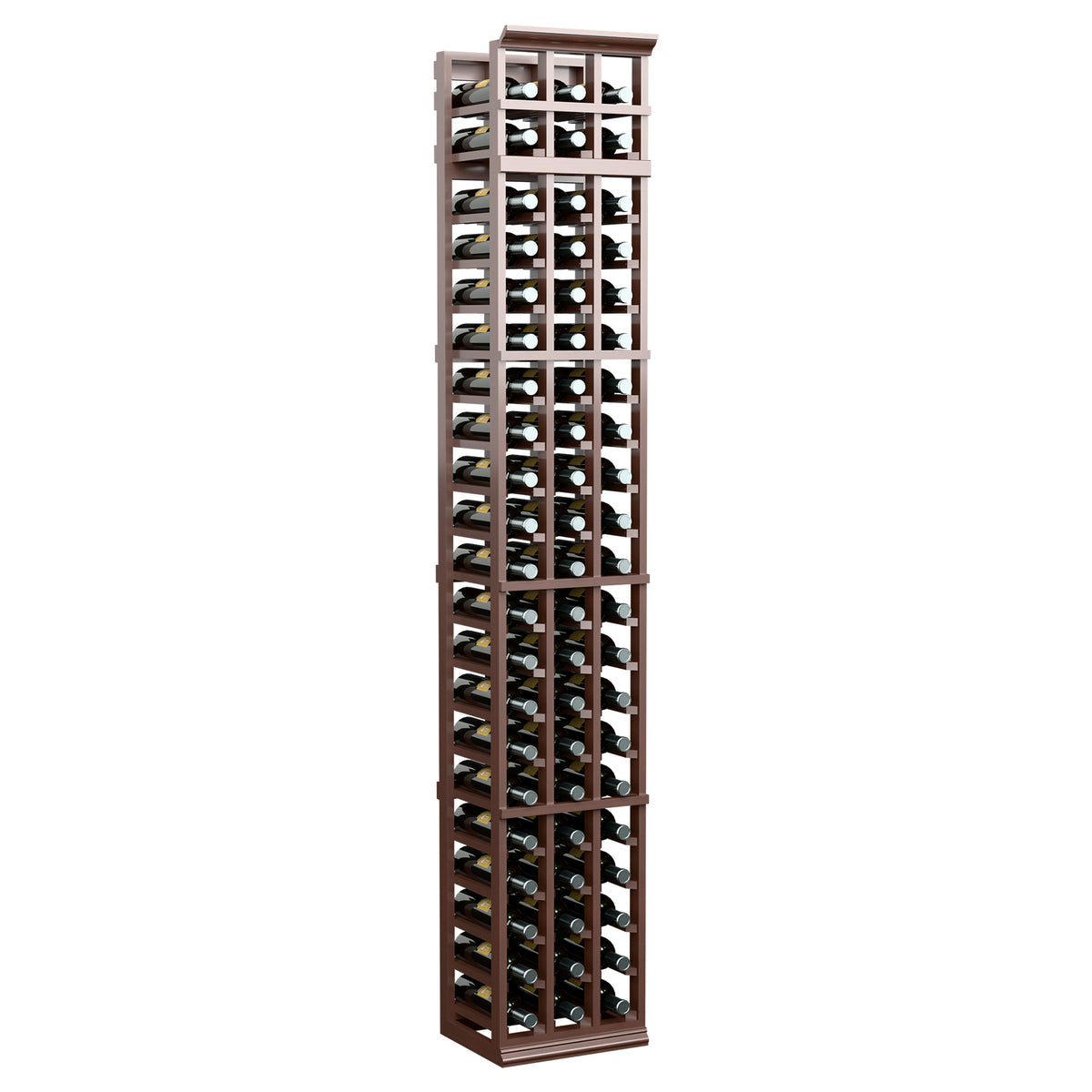 Dark brown 3-column wine bottle rack with open grid shelves and bottle slots