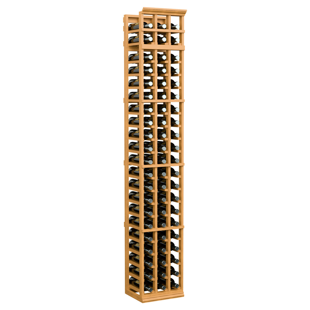 Honey-toned 3-column wine bottle rack with open grid shelves and bottle slots