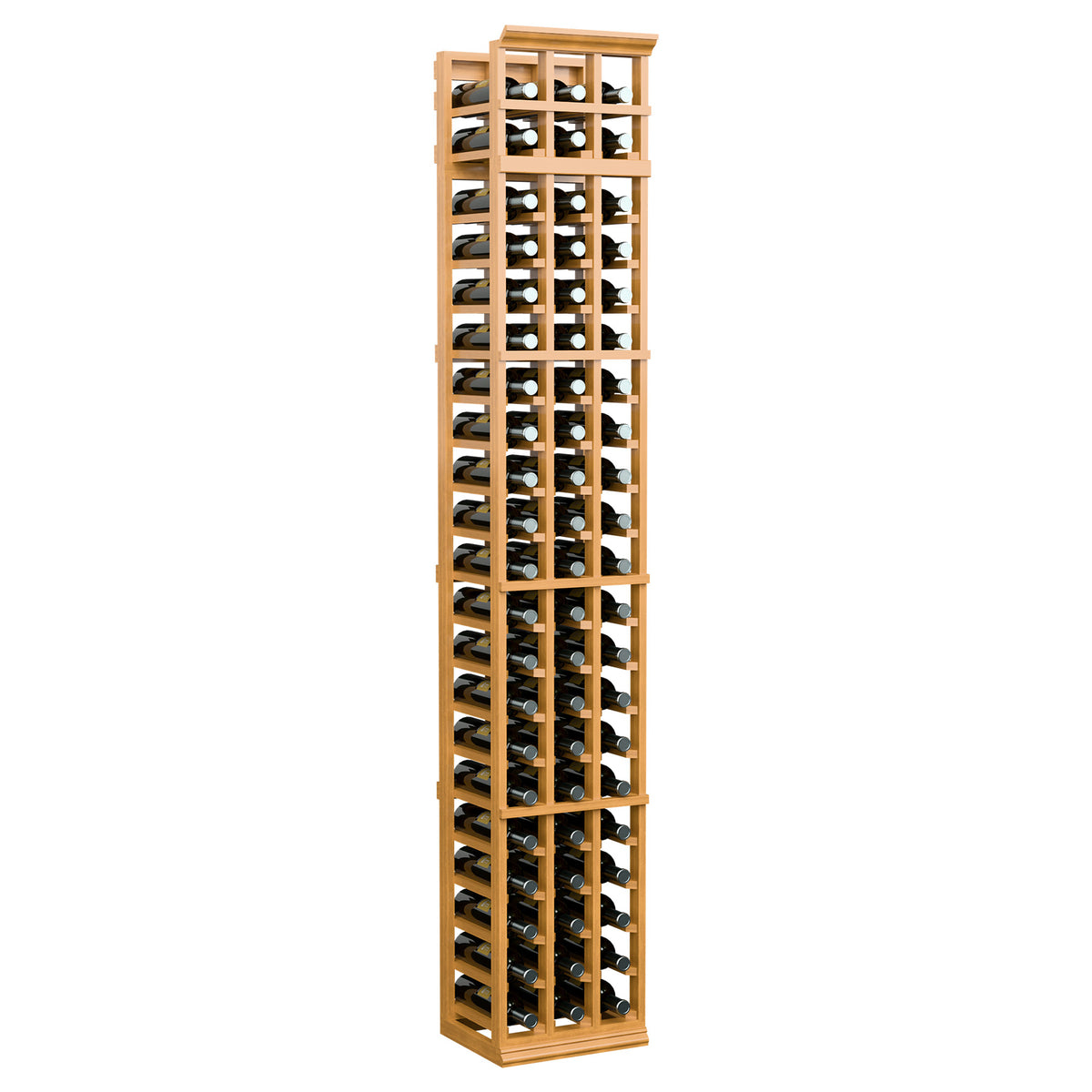 3-column wine bottle rack, 7 ft, natural wood frame with open square supports