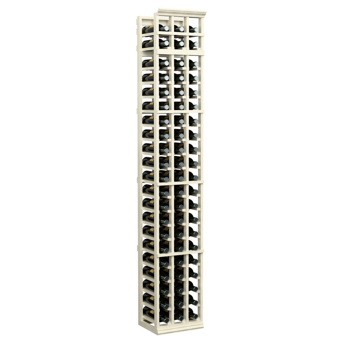 3-column wine bottle rack, 7 ft, white wood frame with three vertical bottle channels