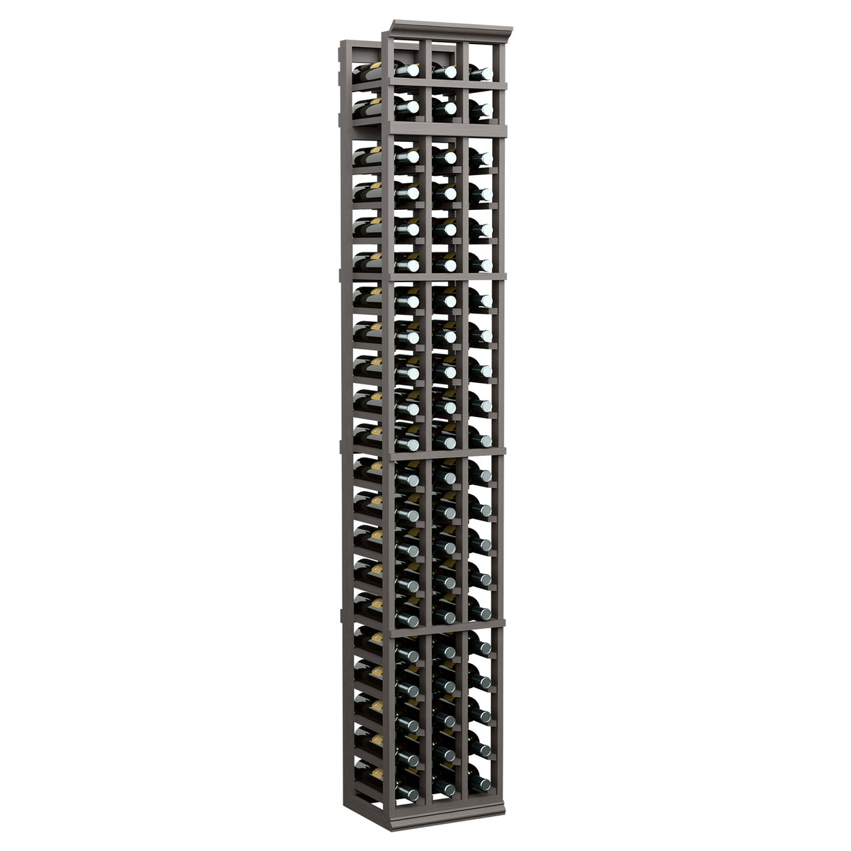 3-column wine bottle rack, 7 ft, dark gray wood frame with open square bottle slots