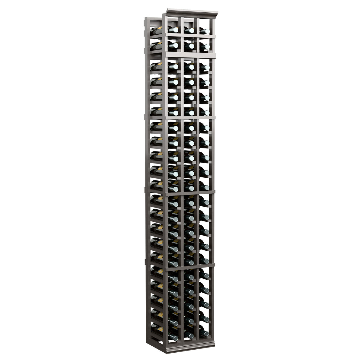 3-column wine bottle rack, 7 ft, espresso-style dark wood frame with open bottle slots