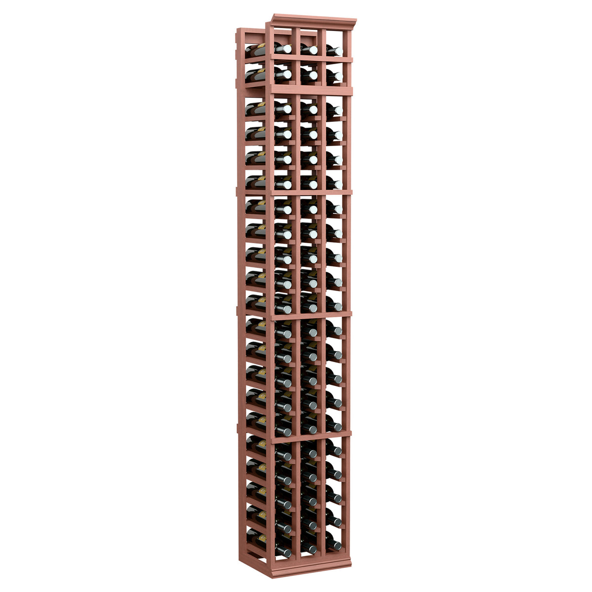3-column wine bottle rack, 7 ft, reddish-brown wood frame with open square bottle supports
