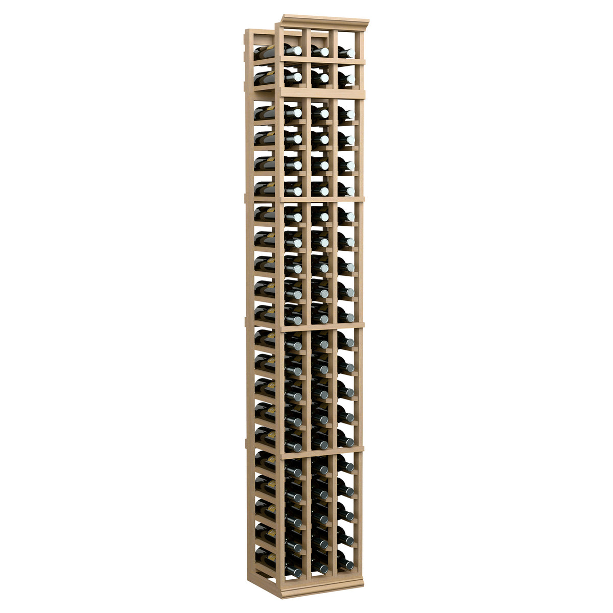 7ft three-column wooden wine bottle rack with open cubby slots, light wood front view