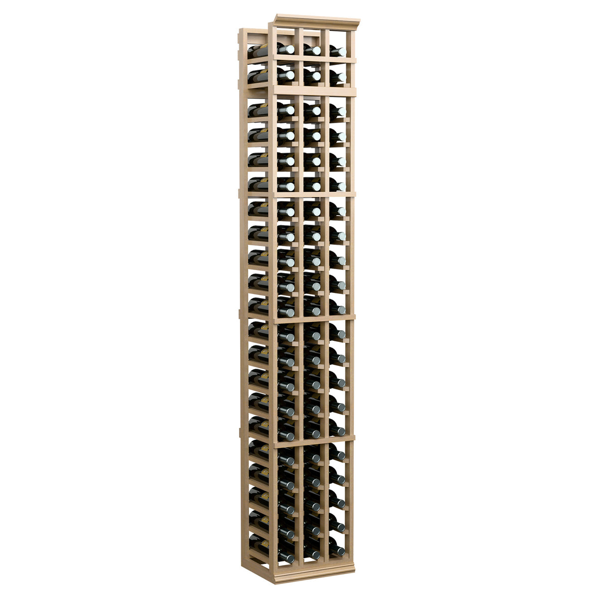 7ft three-column wooden wine bottle rack with open cubby slots, light wood front view
