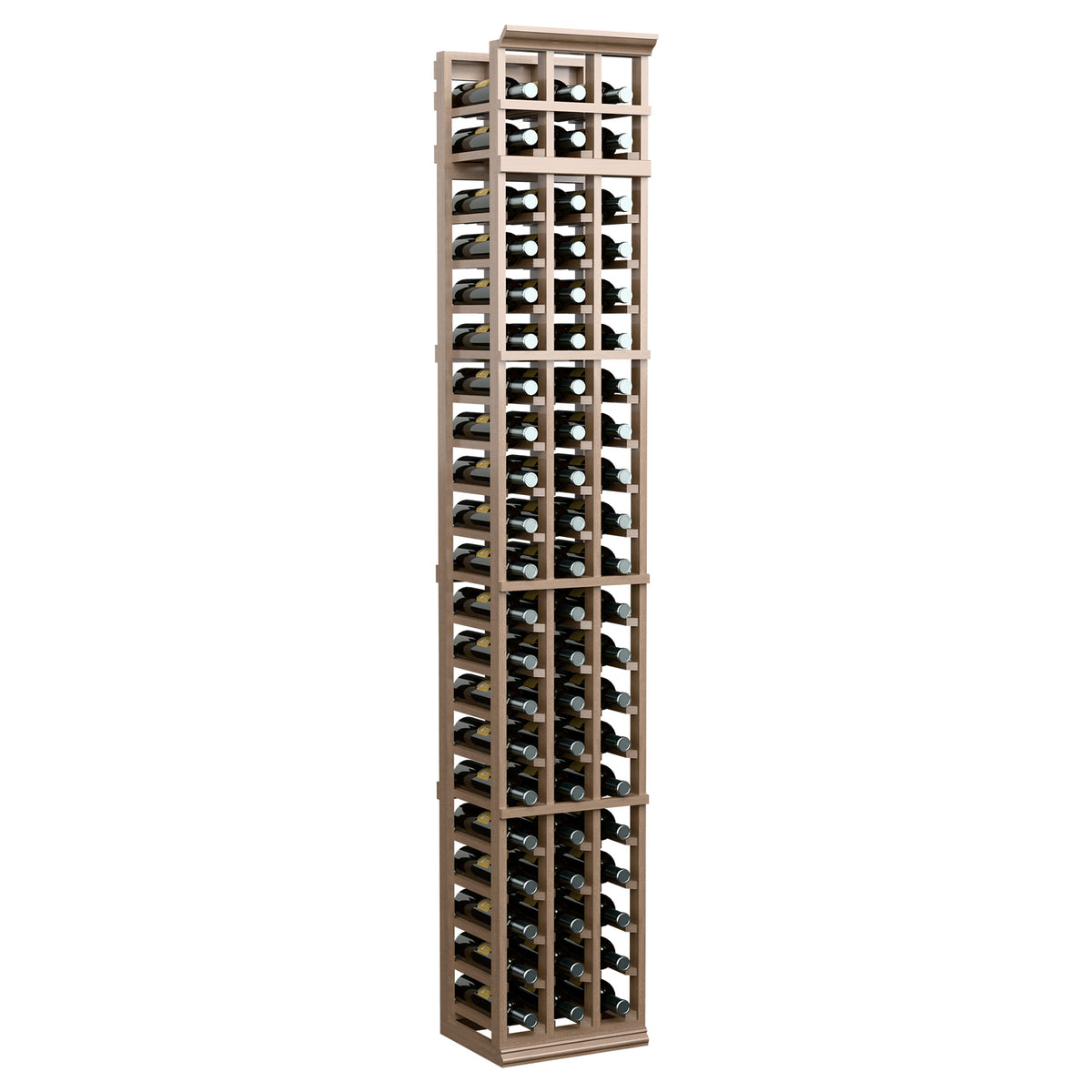 7ft three-column wooden wine bottle rack with open cubby slots, light wood front view