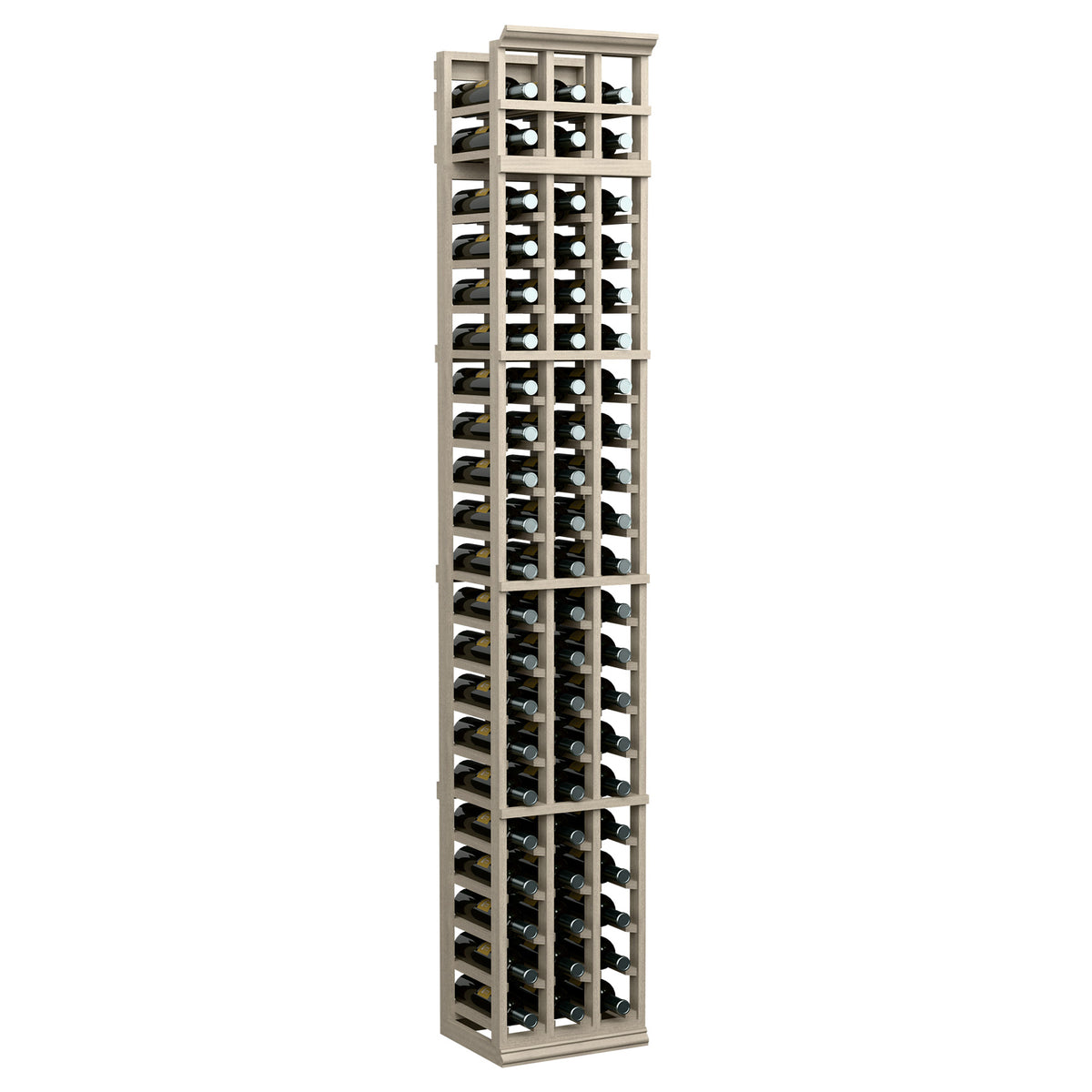 7ft three-column wooden wine bottle rack with open cubby slots, light wood front view