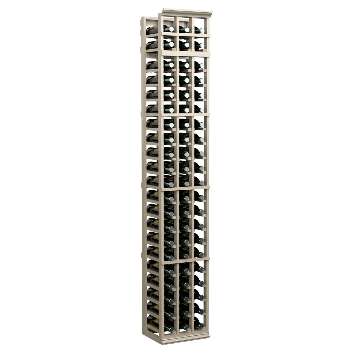 7ft three-column wooden wine bottle rack with open cubby slots, light wood front view