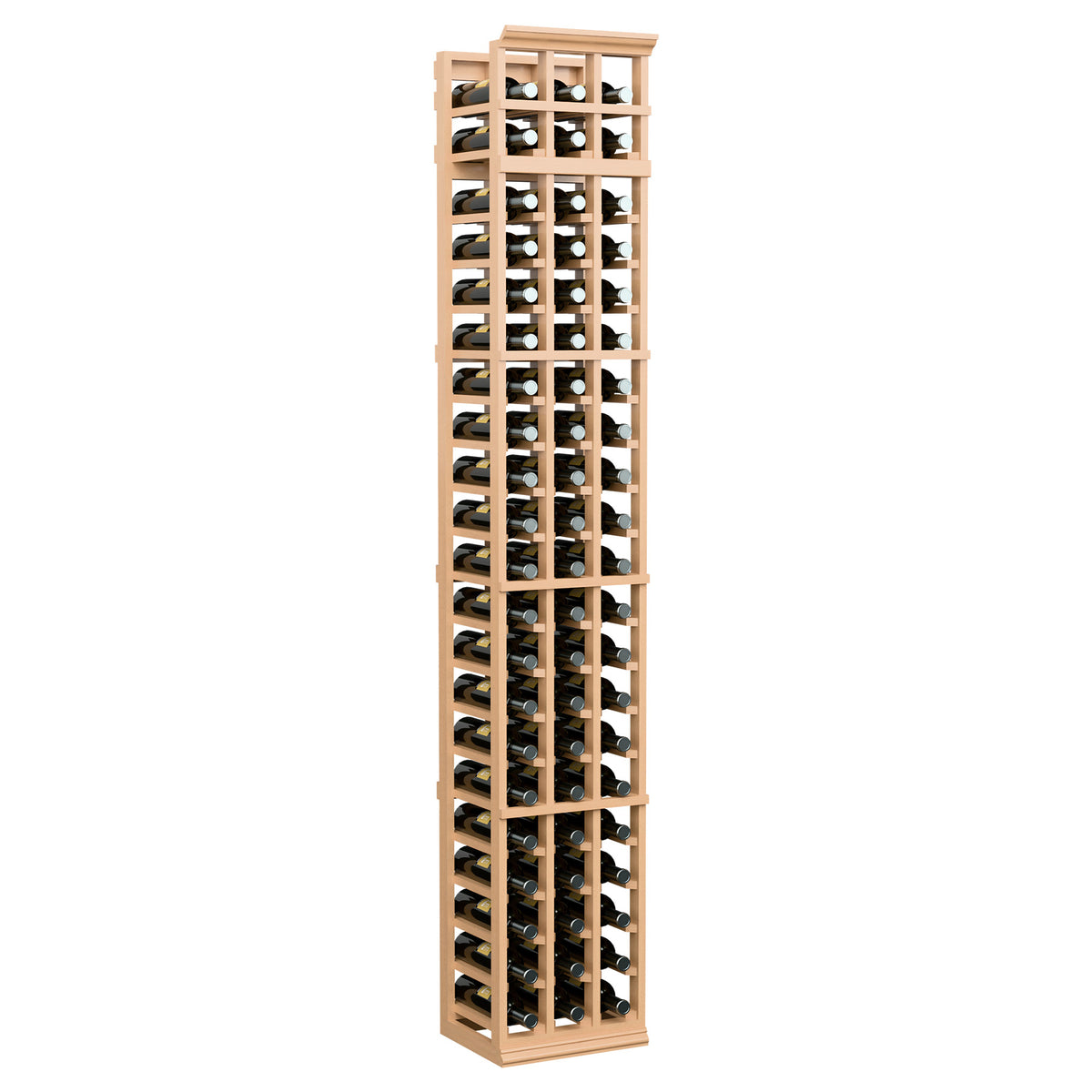 7ft three-column wooden wine bottle rack with open cubby slots, warm natural wood front view