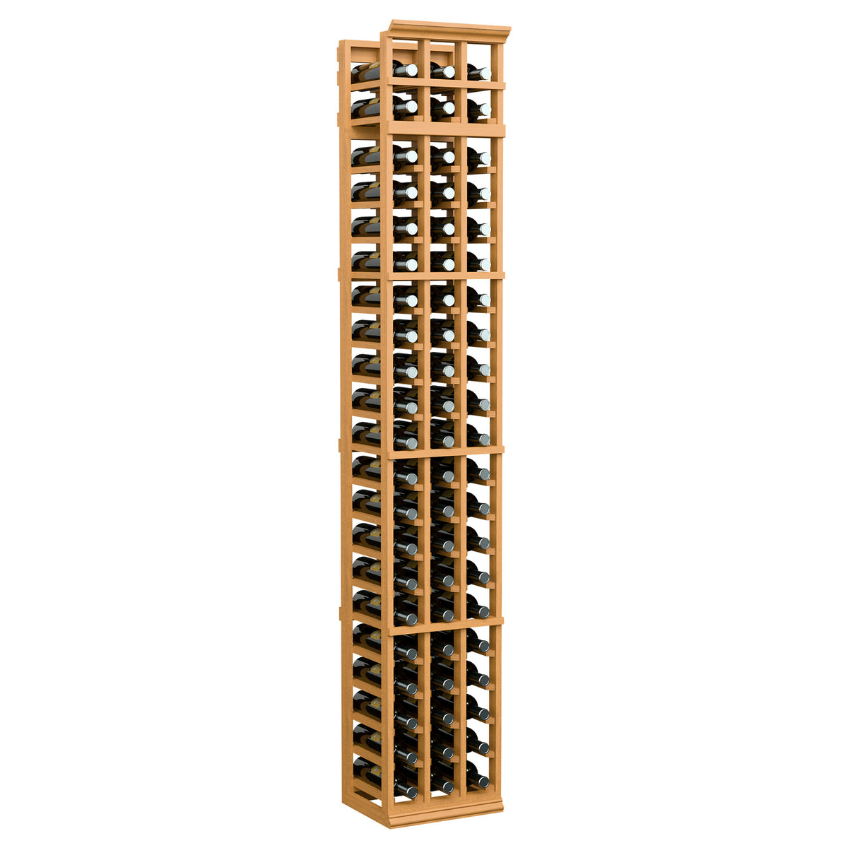 Light wood 3-column wine bottle rack with open bottle storage in a square grid.
