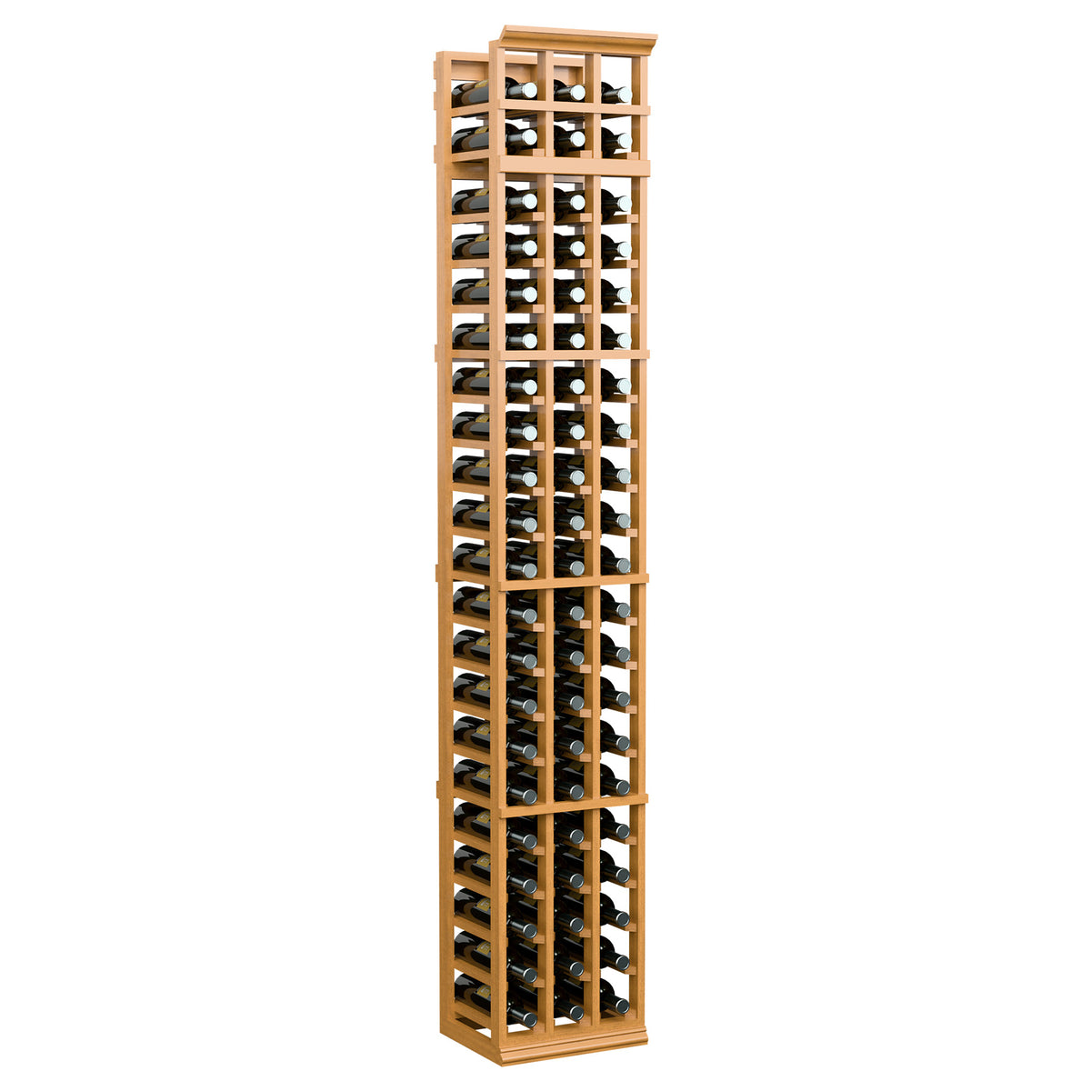 Light wood 3-column wine bottle rack with open slots and vertical grid dividers.