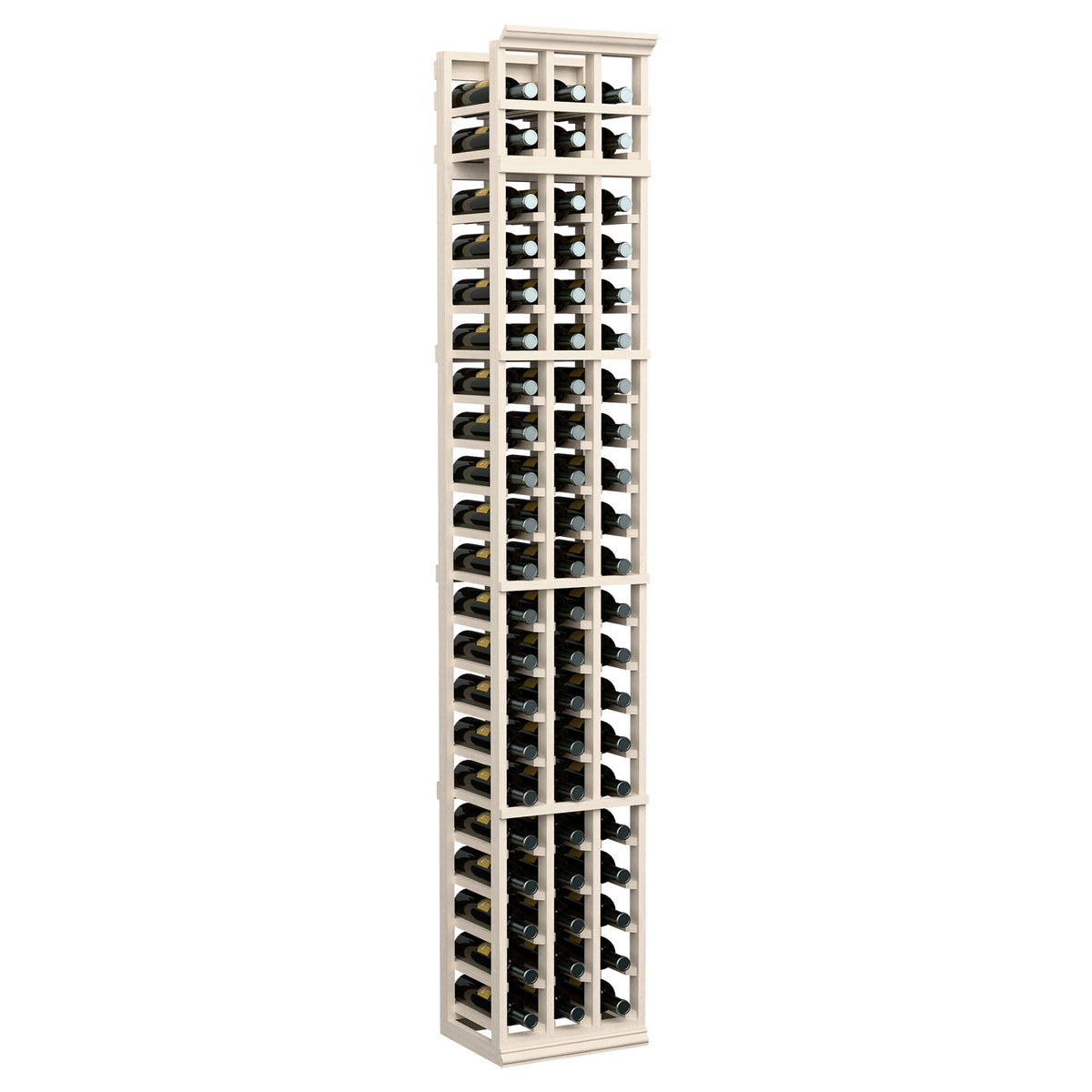 Whitewashed 3-column wine bottle rack with open bottle slots in wooden grid.