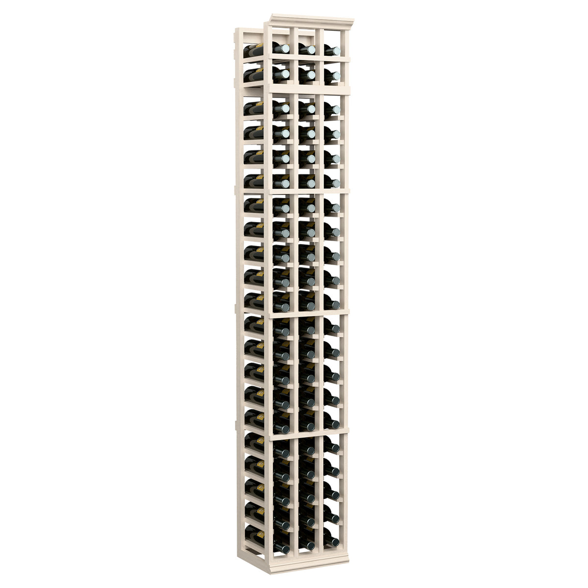 White 3-column wine bottle rack with open bottle slots and square wooden dividers.
