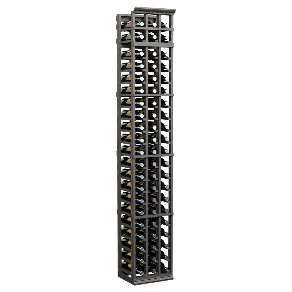 7 ft three-column wine bottle rack with dark wood frame and front bottle slots