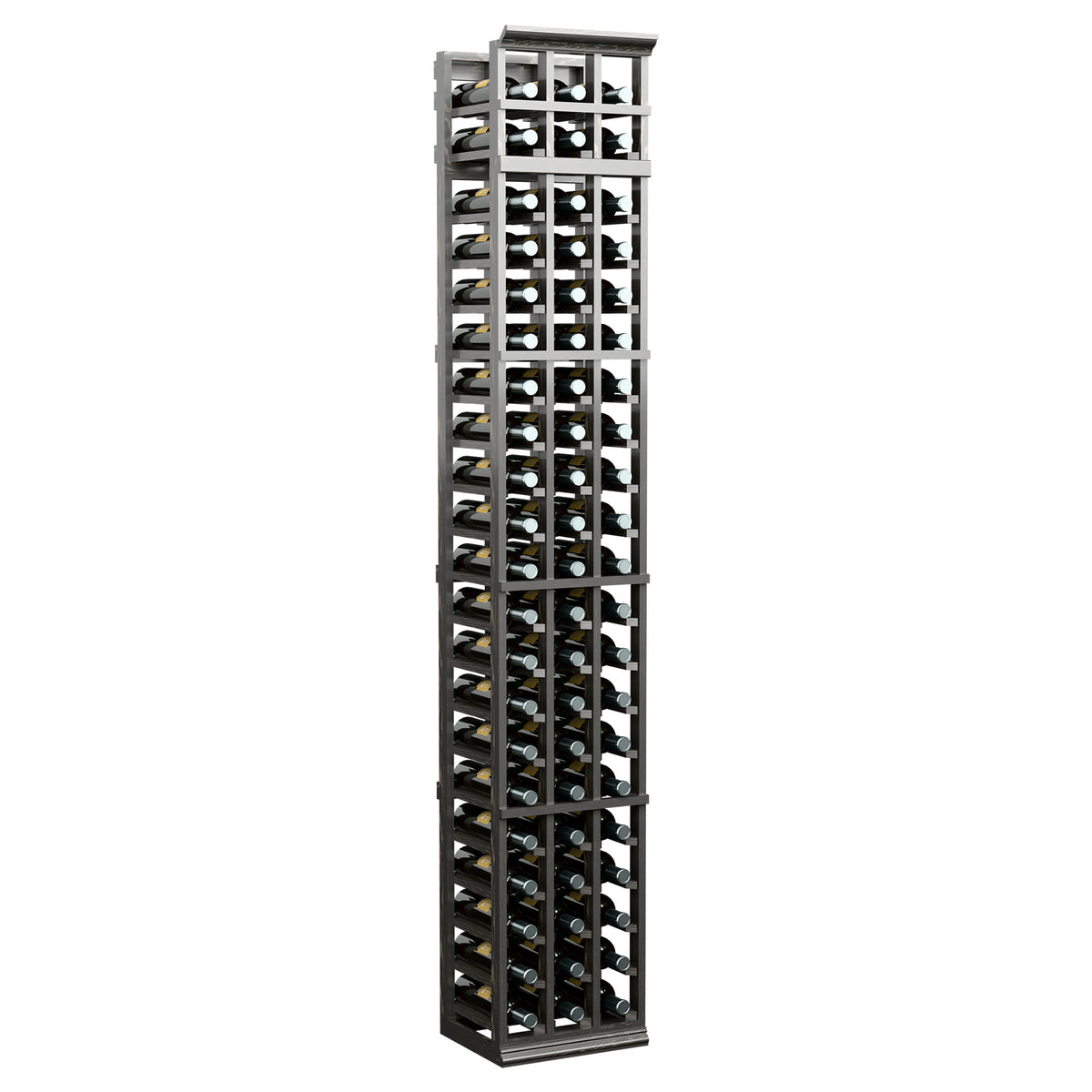 7 ft three-column wine bottle rack with charcoal-finish frame and open bottle compartments