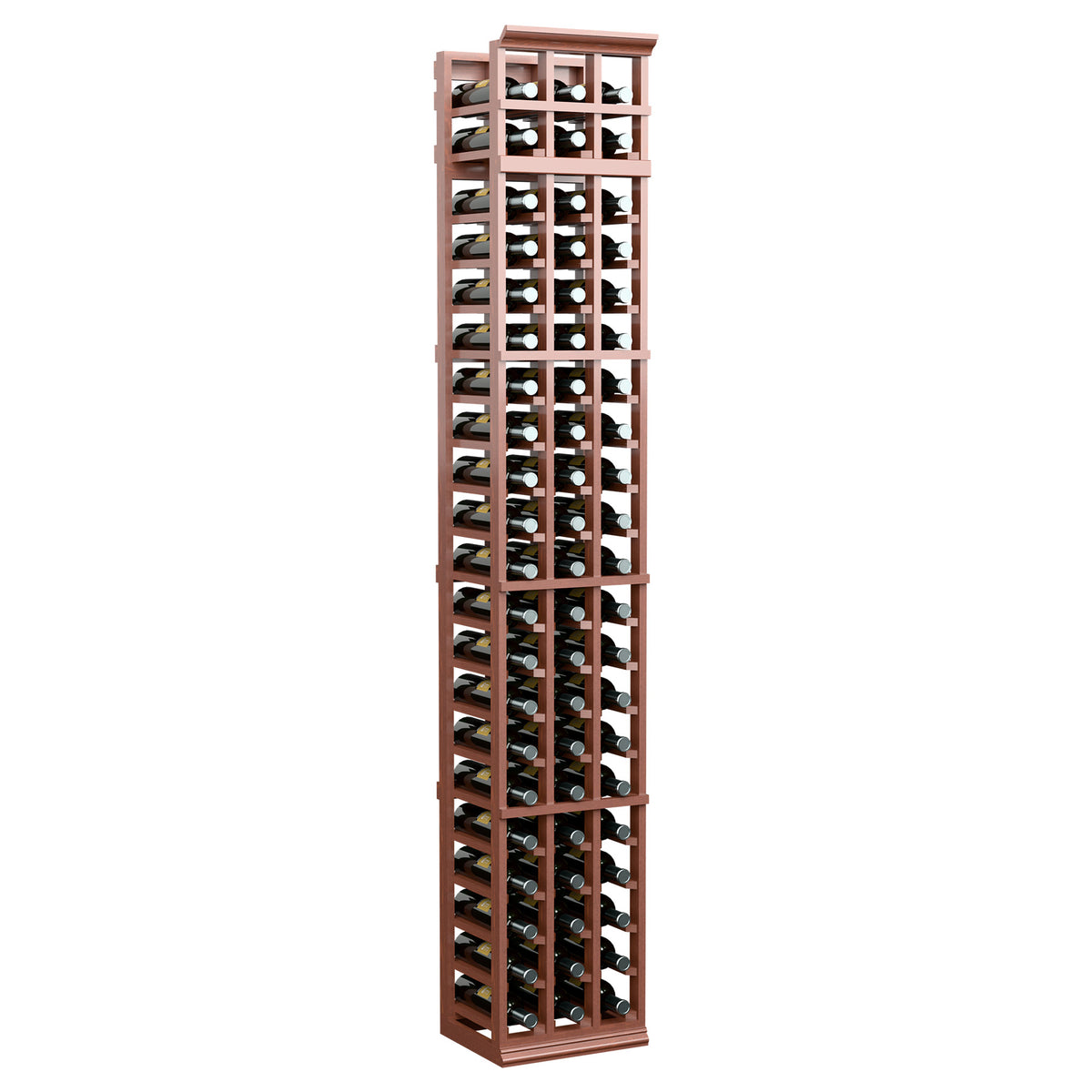 Red-brown 3-column wine bottle rack with open slots and sturdy wooden frame.