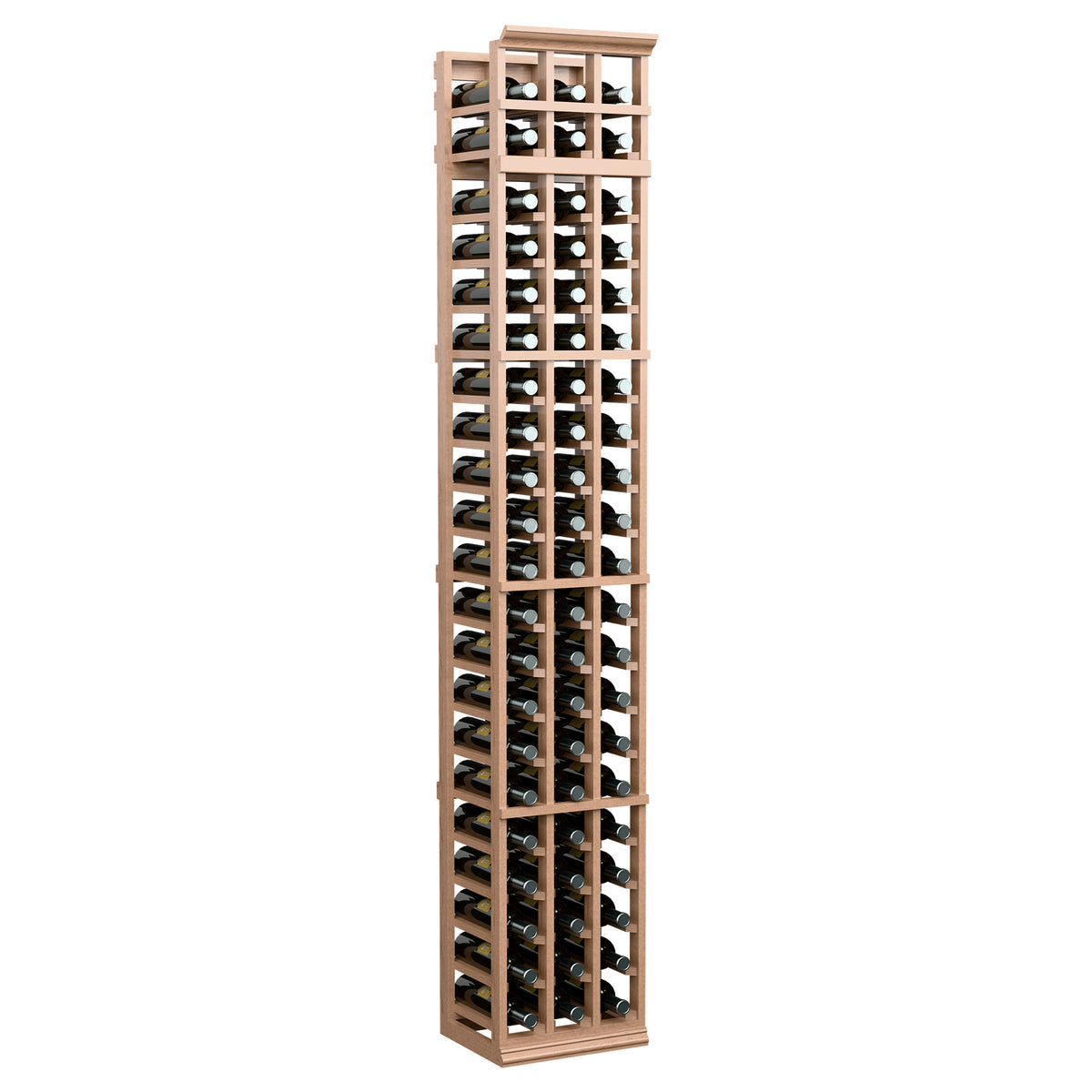 Light wood 3-column wine bottle rack with open storage cells and wooden grid frame.