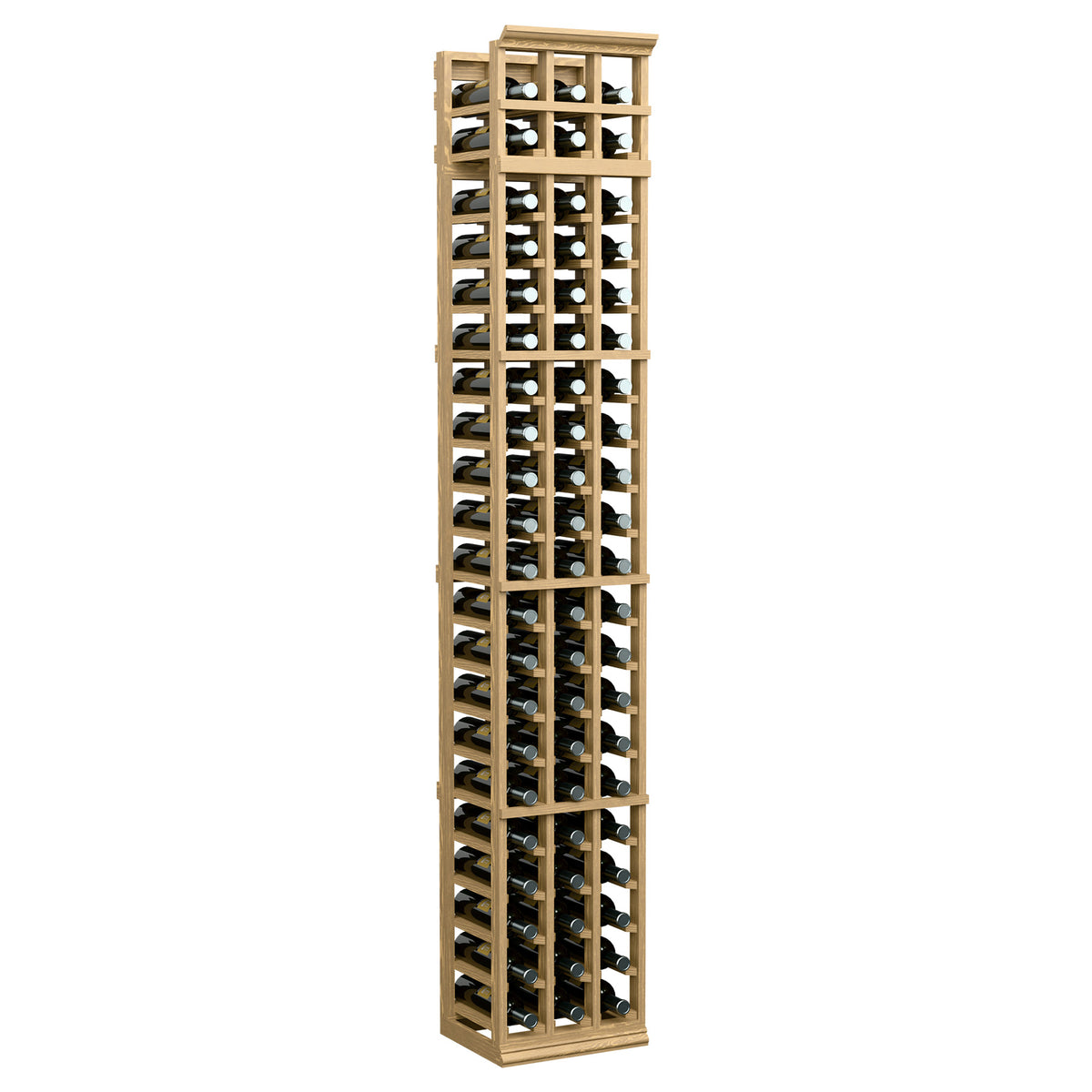 Light tan 3-column wine bottle rack with open bottle slots and vertical grid supports.