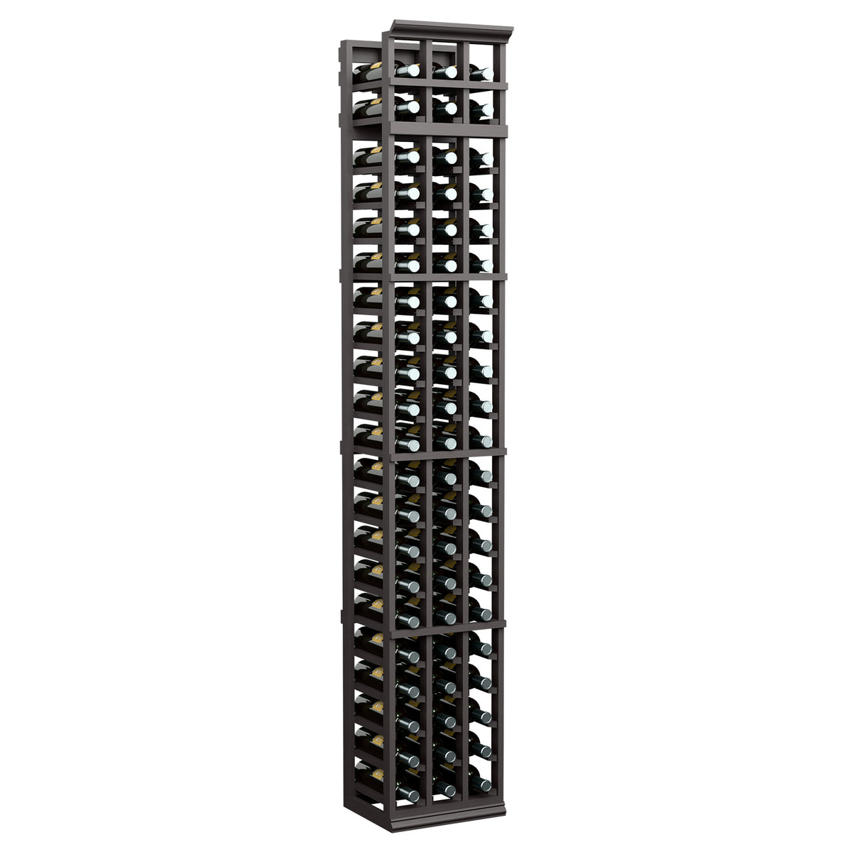 7-ft three-column wine rack in dark stained wood finish with bottle slots