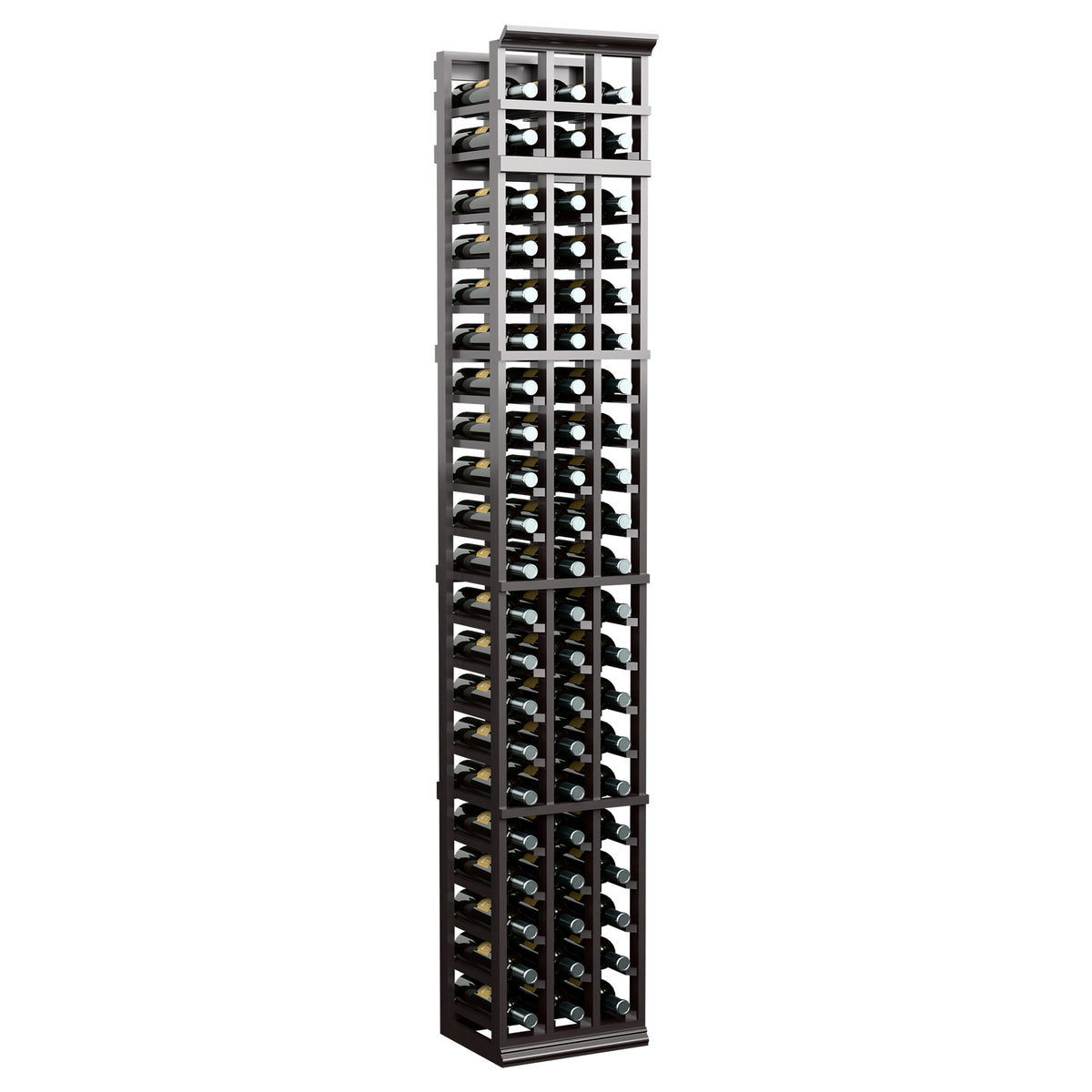 7-ft three-column wine rack in dark wood finish with open bottle cubbies