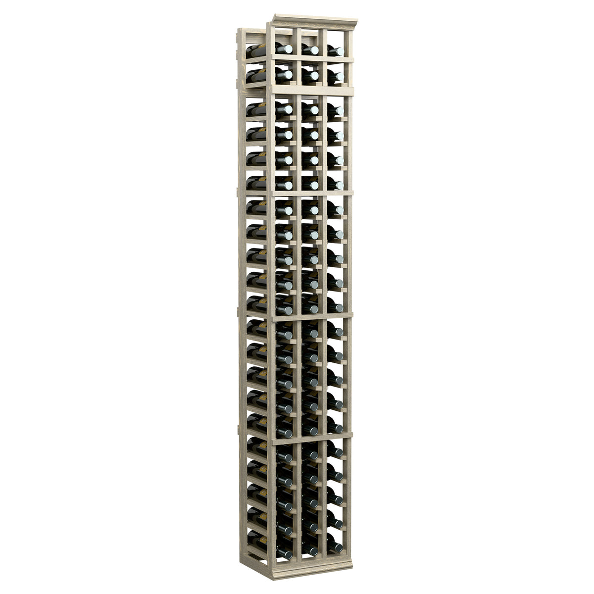7-ft three-column wine rack in light natural wood with bottle storage compartments