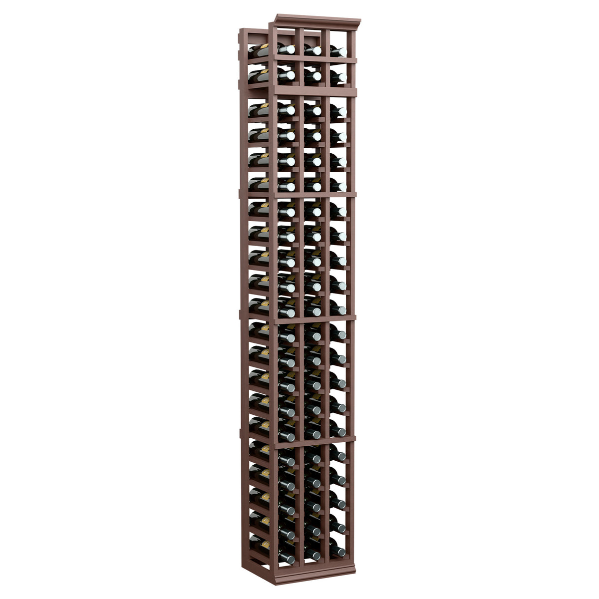 7-ft three-column wine rack in rich brown wood finish with bottle cubbies