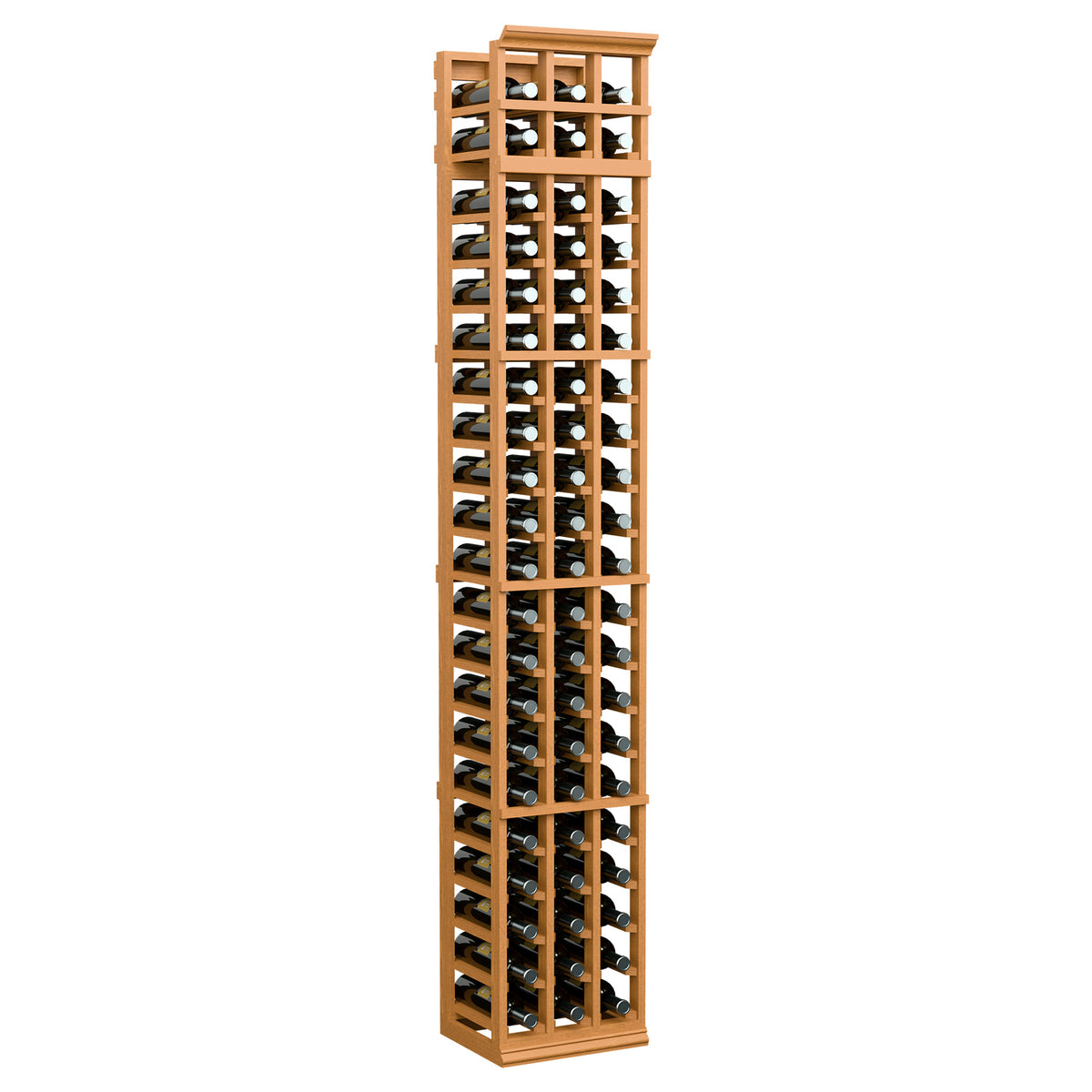 7-ft three-column wine rack in warm light wood finish with bottle storage openings