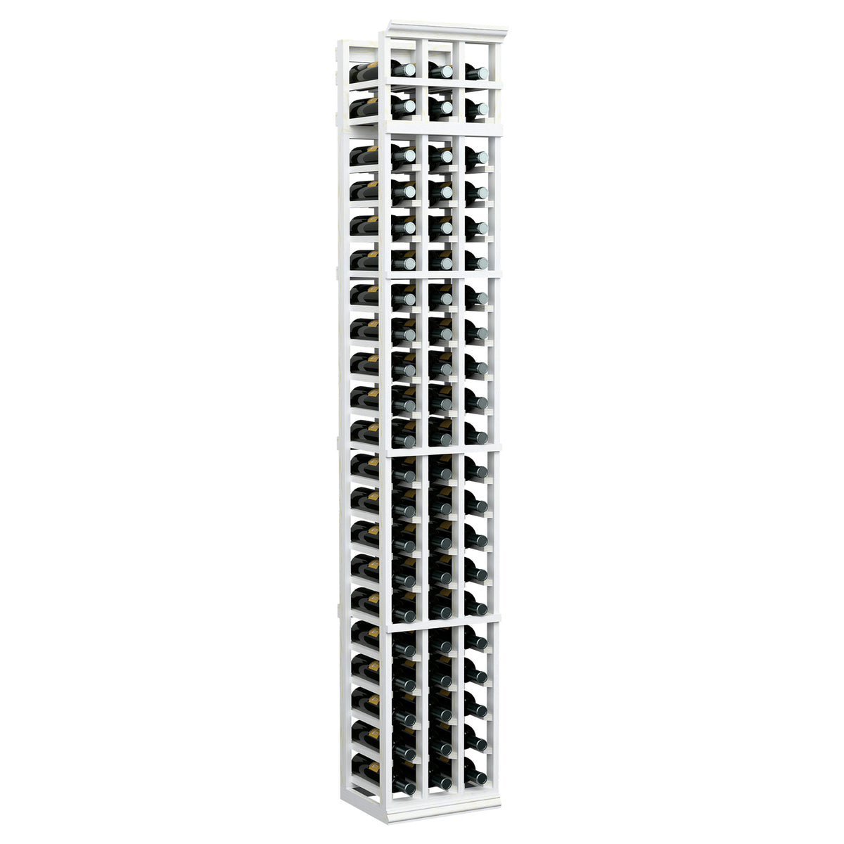 3-column wooden wine bottle rack, white finish, 7ft tall with bottle slots