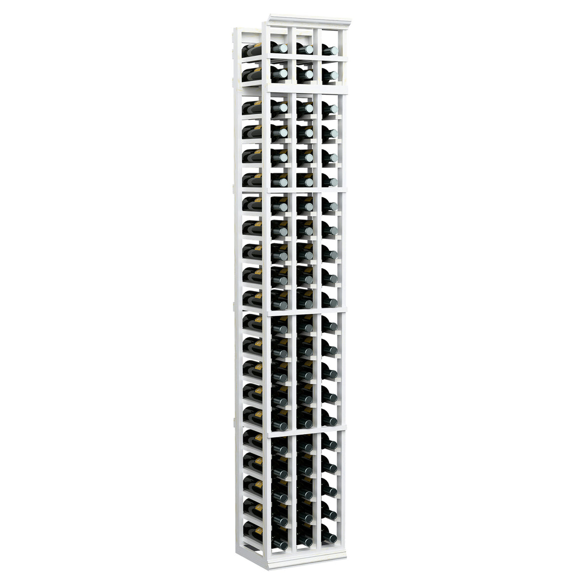 3-column wooden wine bottle rack, white finish, 7ft tall front view with slots