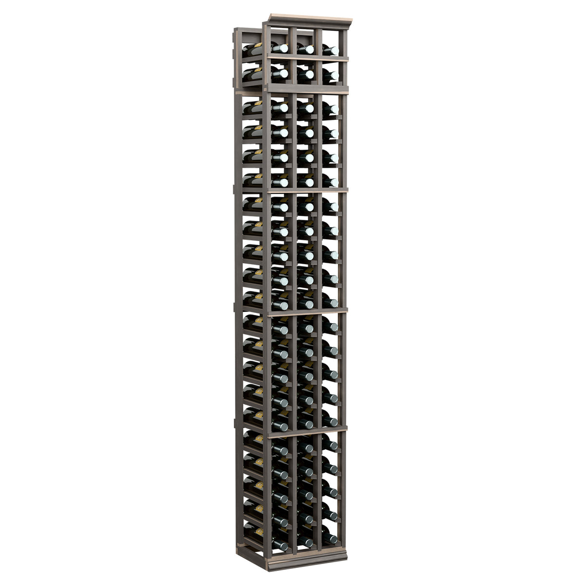 3-column wooden wine bottle rack, dark stained finish, 7ft tall with bottle slots