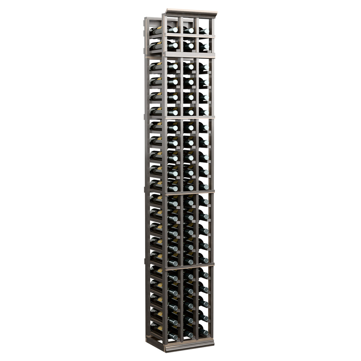 3-column wooden wine bottle rack, dark stained finish, 7ft tall front view with slots