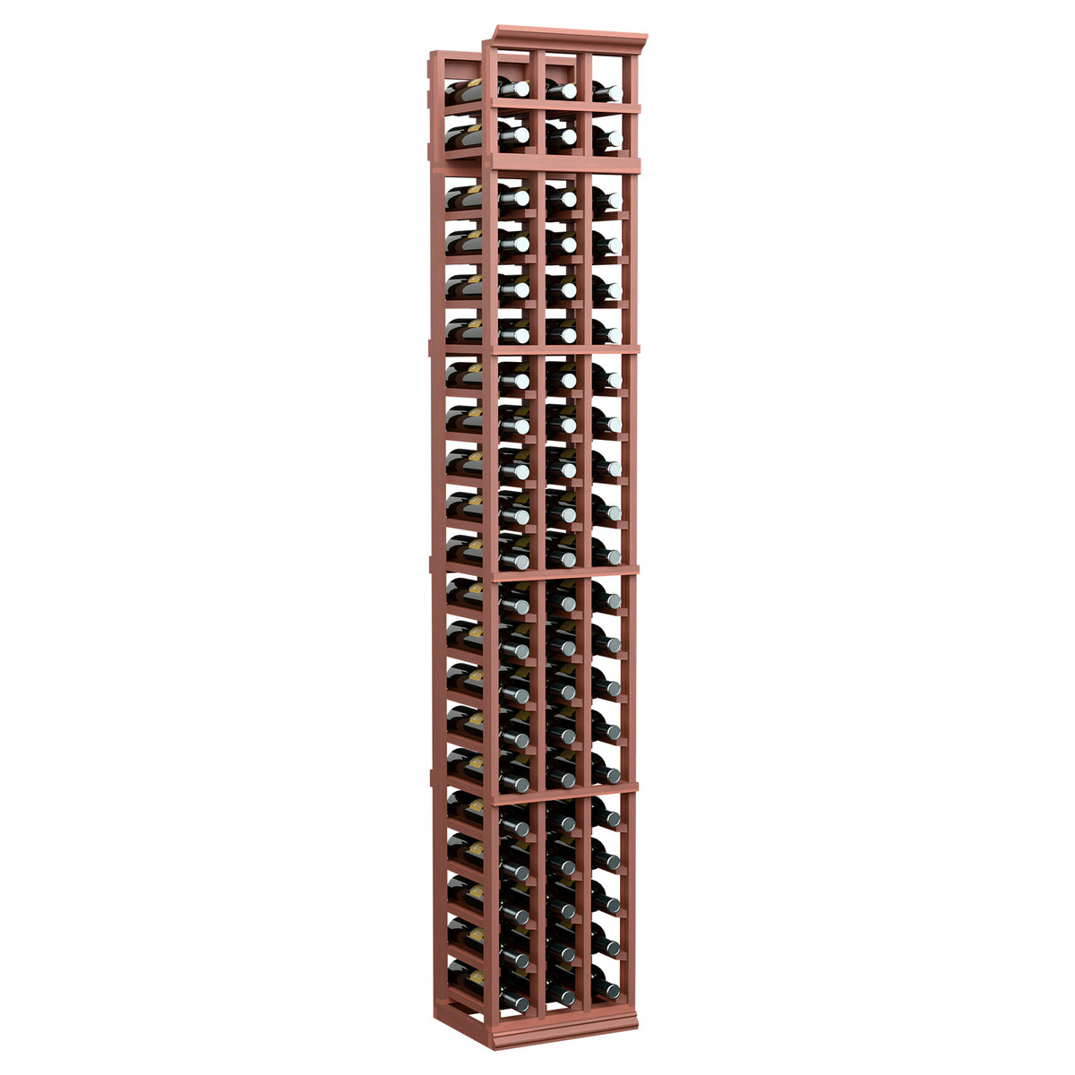 3-column wooden wine bottle rack, reddish-brown finish, 7ft tall with bottle slots