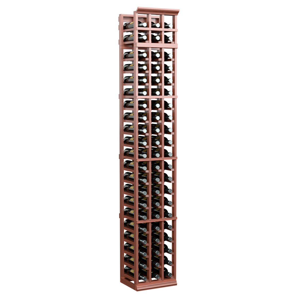 3-column wooden wine bottle rack, reddish-brown finish, 7ft tall front view with slots