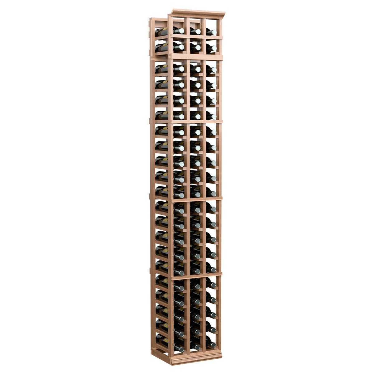 3-column wooden wine bottle rack, natural finish, 7ft tall front view with bottle slots
