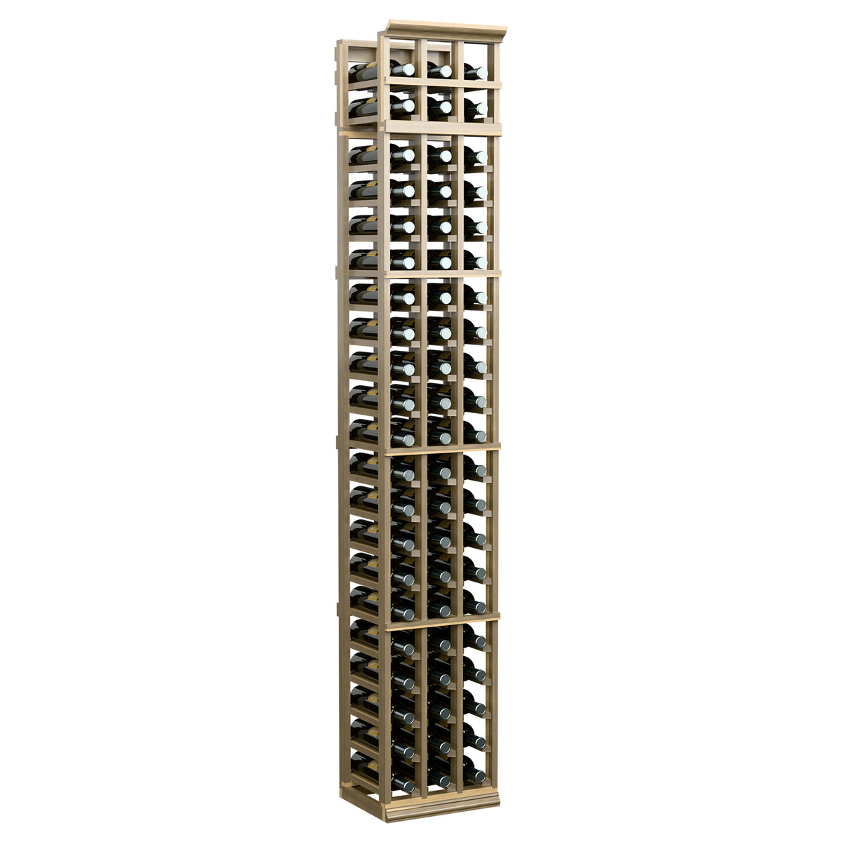 3-column 7-ft wine rack in natural wood, holding bottles in three rows