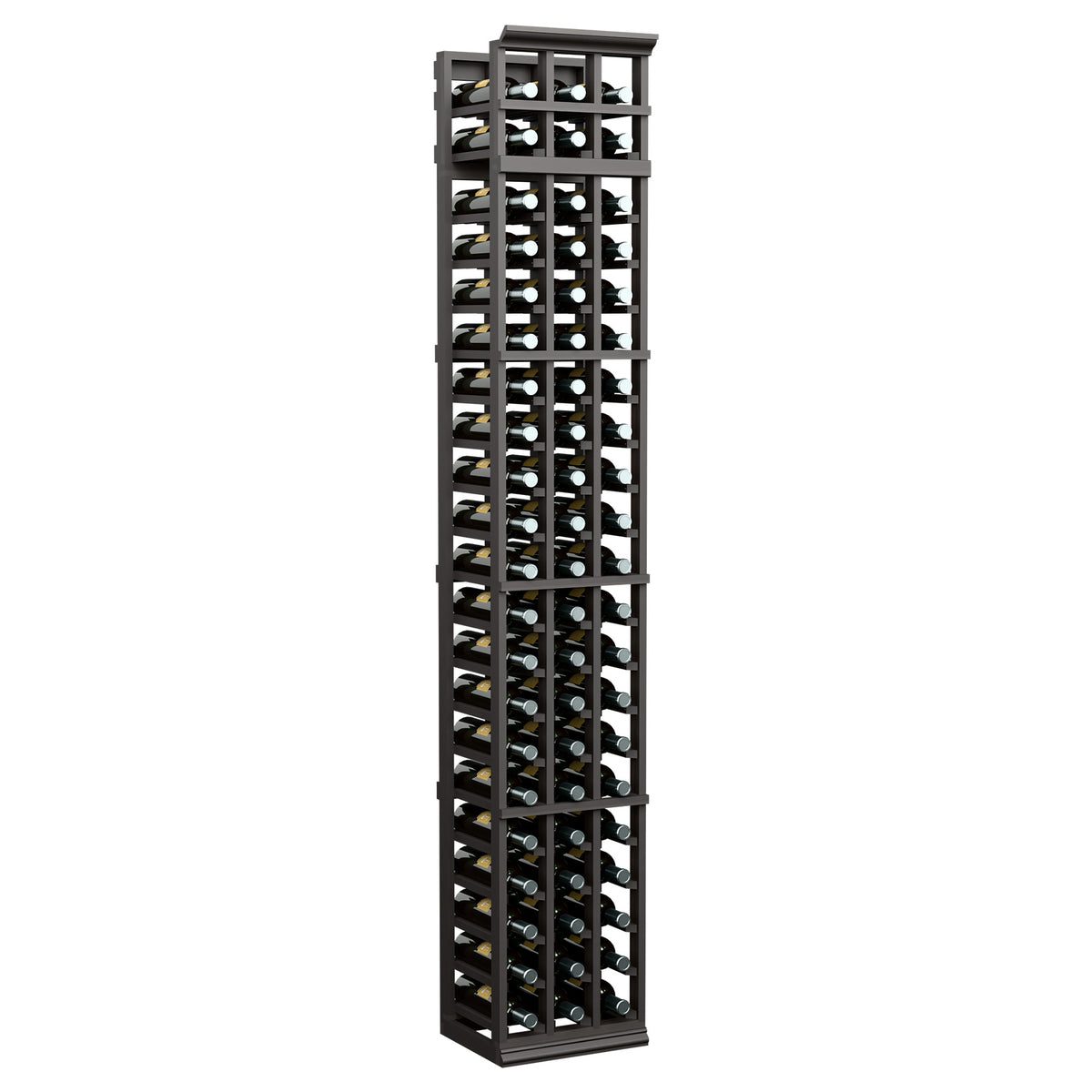 3-column 7-ft wine rack with dark frame, holding bottles in three rows