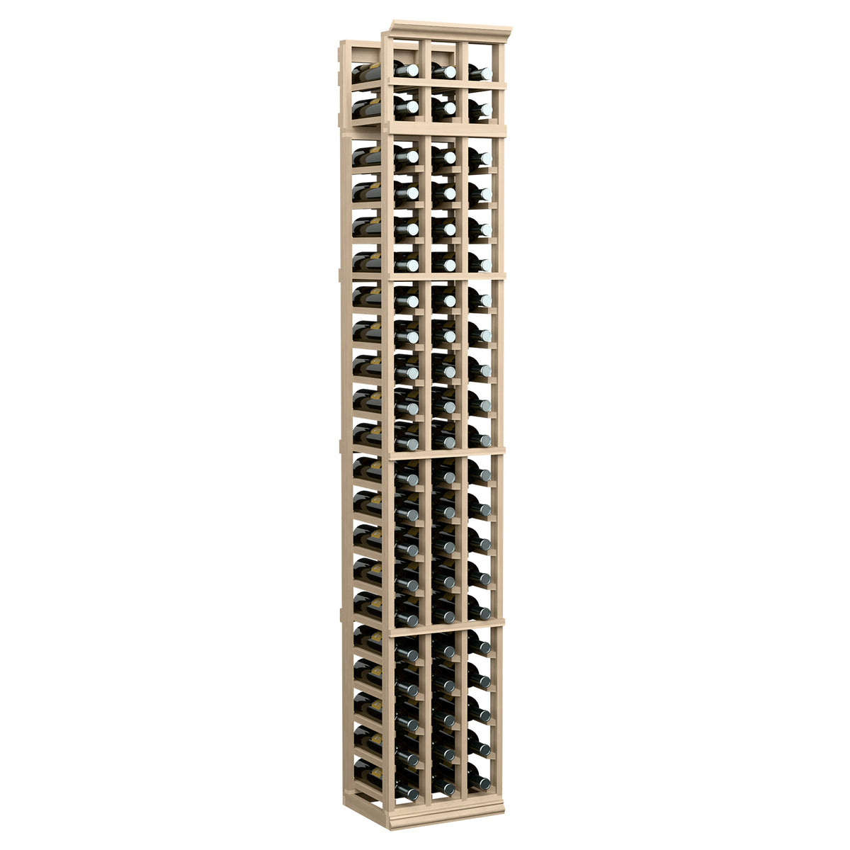3-column 7-ft wine rack in light natural wood, holding bottles in three rows