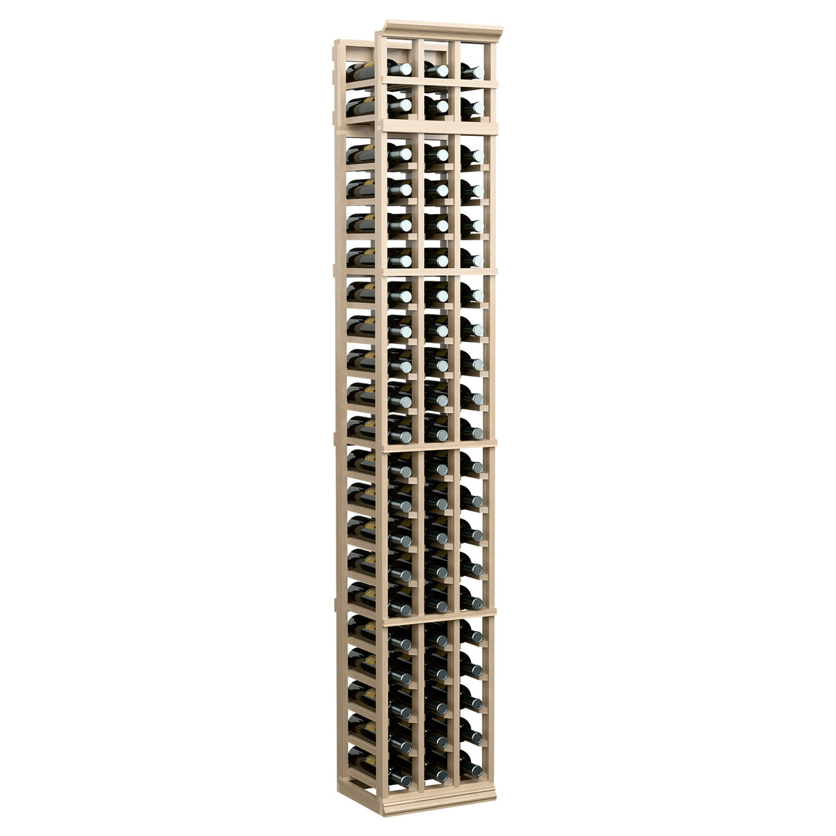 3-column 7-ft wine rack in light natural wood, holding bottles in three rows